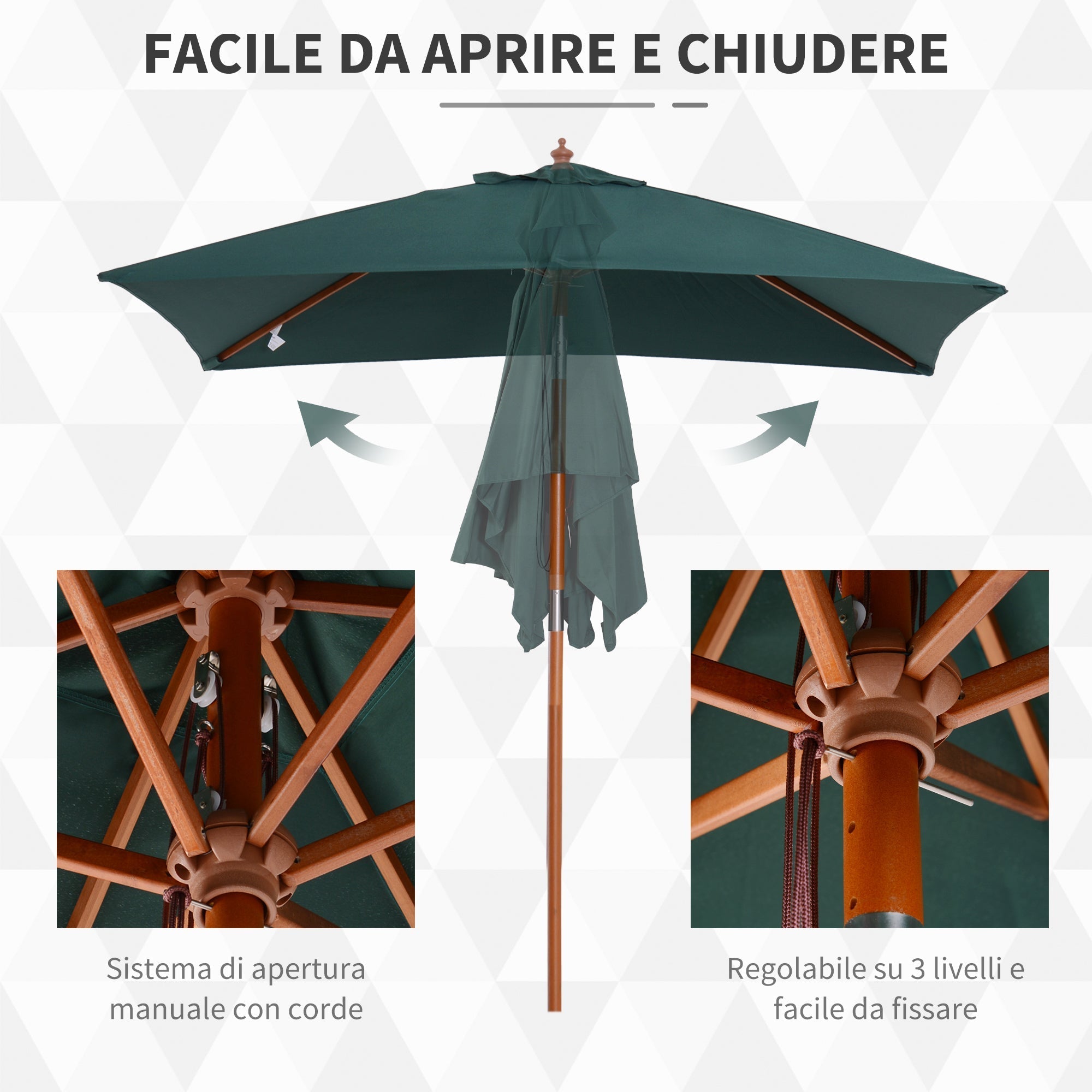 Tilting Garden Umbrella 2x1.5m with 6 Ribs, Wooden Pole and Rope Opening, Green - Borge' Group Limited