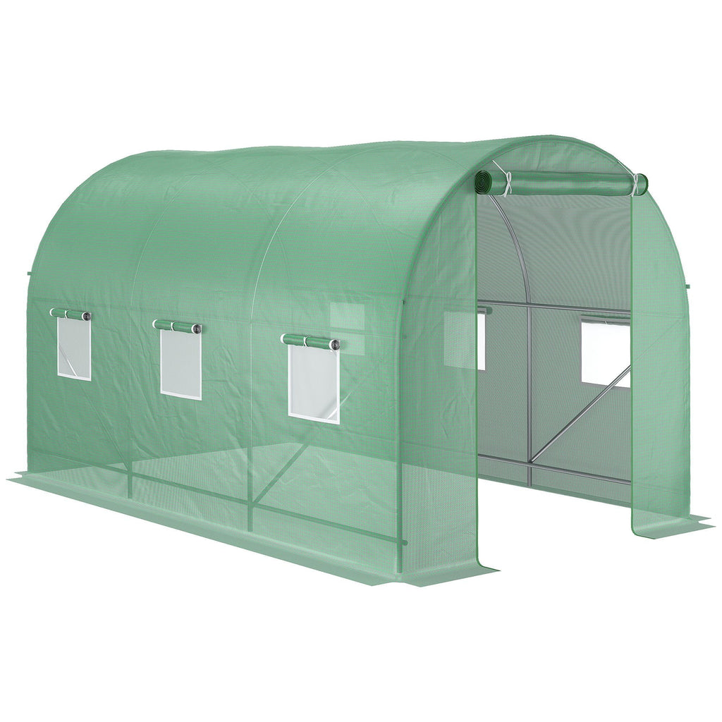 3.5x2x2m PE and Metal Tunnel Greenhouse for Vegetable Garden with 6 Windows and Roller Door, Green - Borge' Group Limited