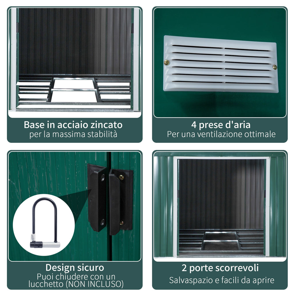 Garden Shed with 2 Sliding Doors and 4 Air Vents in Steel, 340x386x200cm, Green - Borge' Group Limited