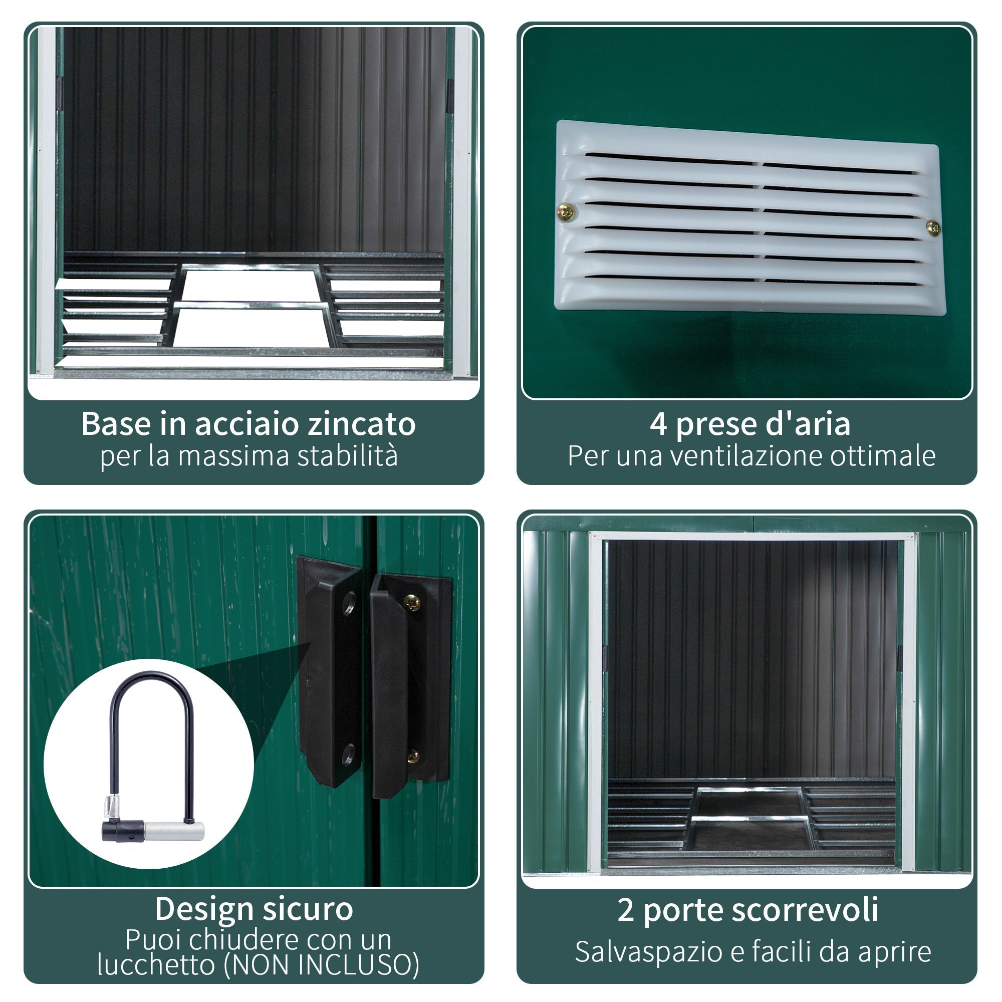 Garden Shed with 2 Sliding Doors and 4 Air Vents in Steel, 340x386x200cm, Green - Borge' Group Limited