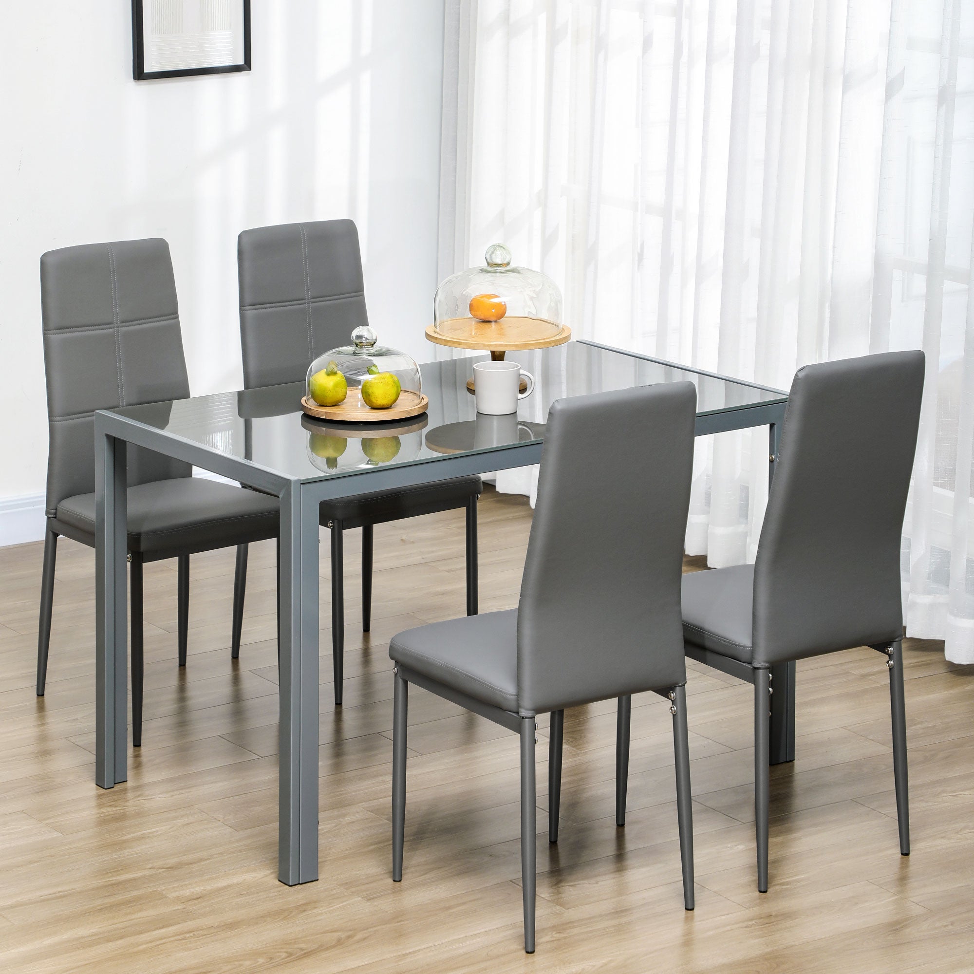 Dining Set 5 pieces with 1 dining table and 4 modern -like chairs, metal and tempered glass, Grey - Borgè