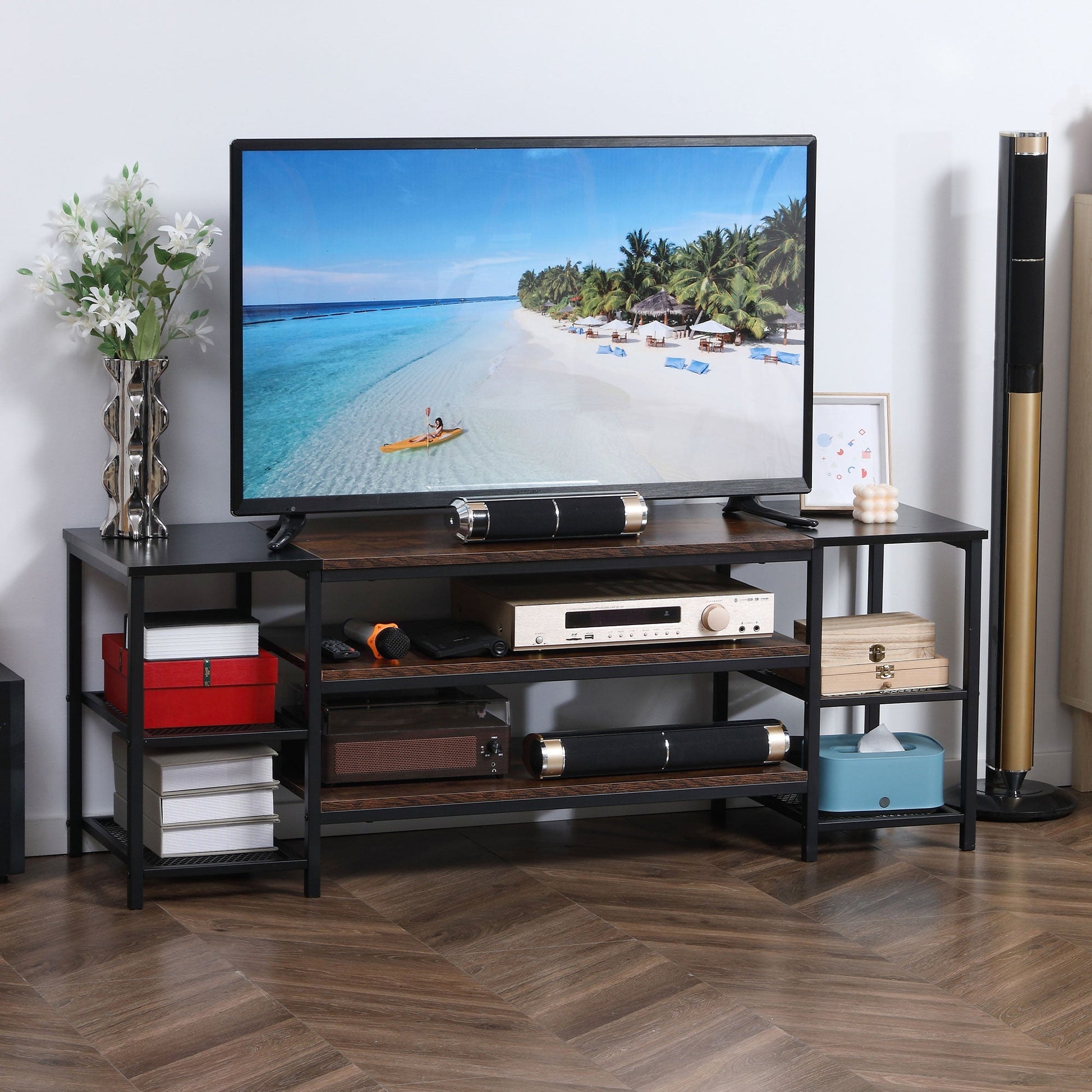 Modern TV Mobile for TV up to 65 "with 6 open shelves, in steel and chipboard, 140x40x50 cm, brown and black - Borgè