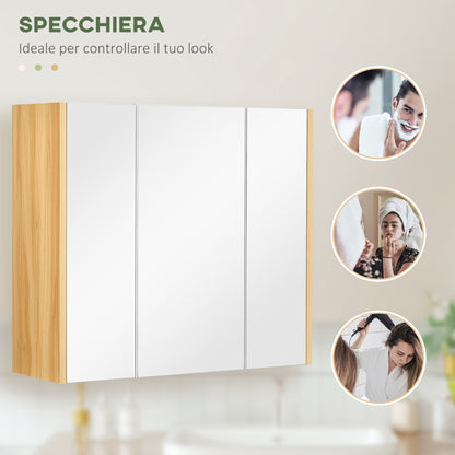 kleankin 3 -door bathroom mirror cabinet with adjustable shelves, 68x22x60cm, white - Borgè