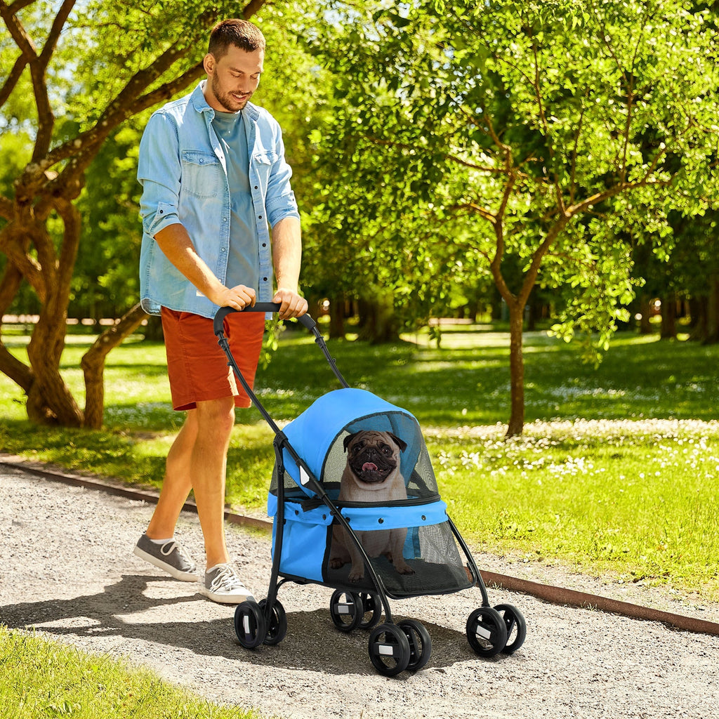 Foldable Dog Stroller with Adjustable Canopy and Swivel Wheels, 82x47x97cm, Blue - Borge' Group Limited
