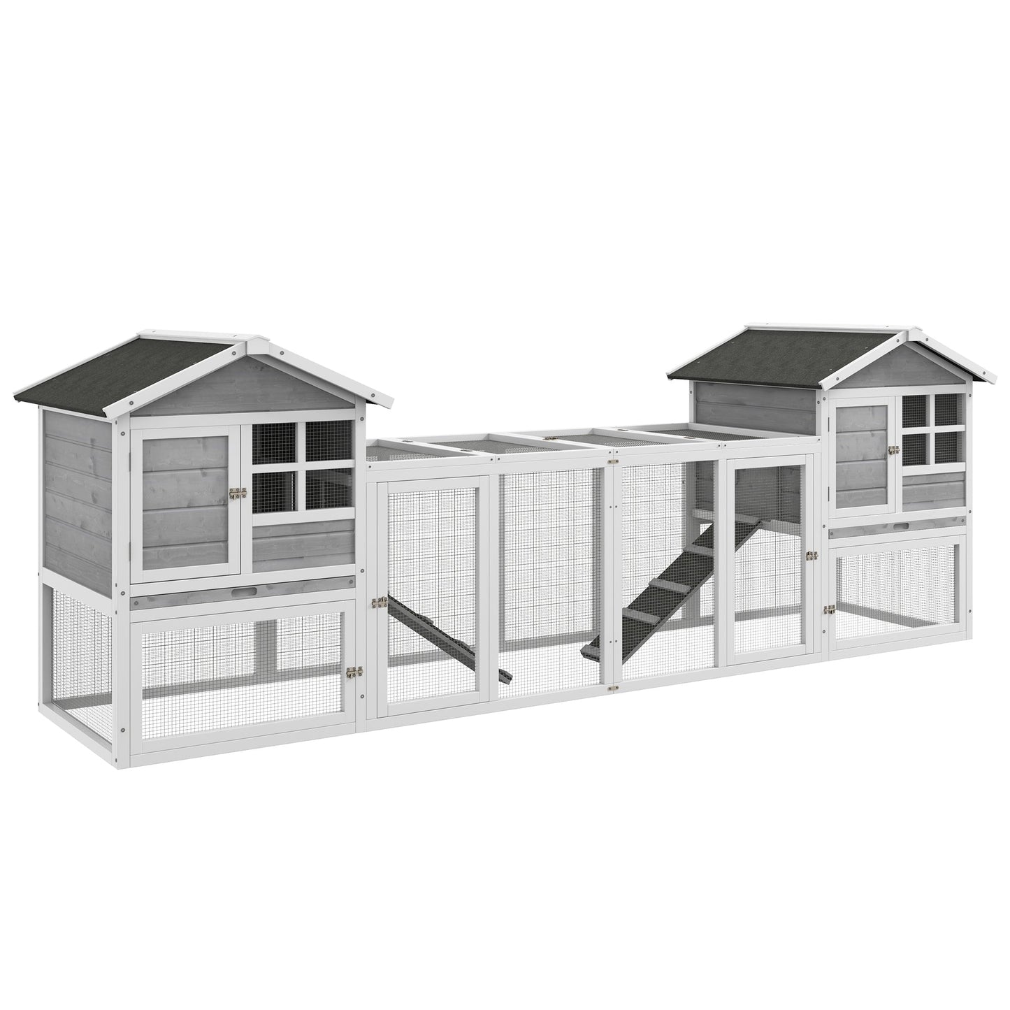 Outdoor Chicken wooden bun with 2 houses and open area fenced with doors and ramps, 259x64x92 cm, gray - Borgè