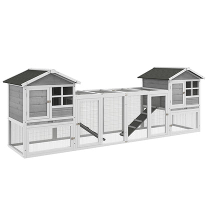 Outdoor Chicken wooden bun with 2 houses and open area fenced with doors and ramps, 259x64x92 cm, gray - Borgè