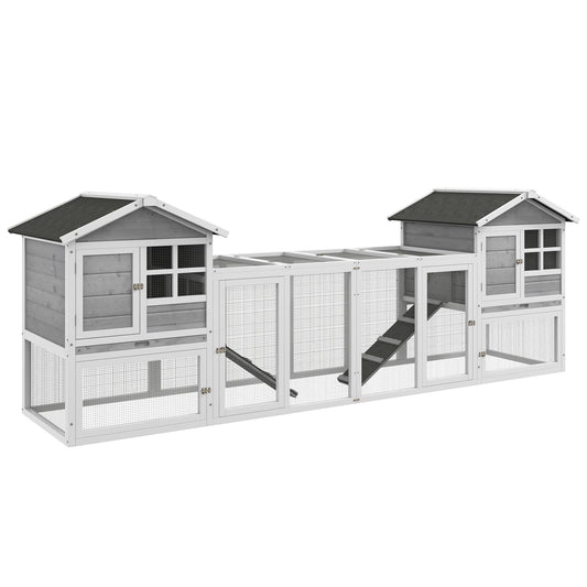 Outdoor Chicken wooden bun with 2 houses and open area fenced with doors and ramps, 259x64x92 cm, gray - Borgè