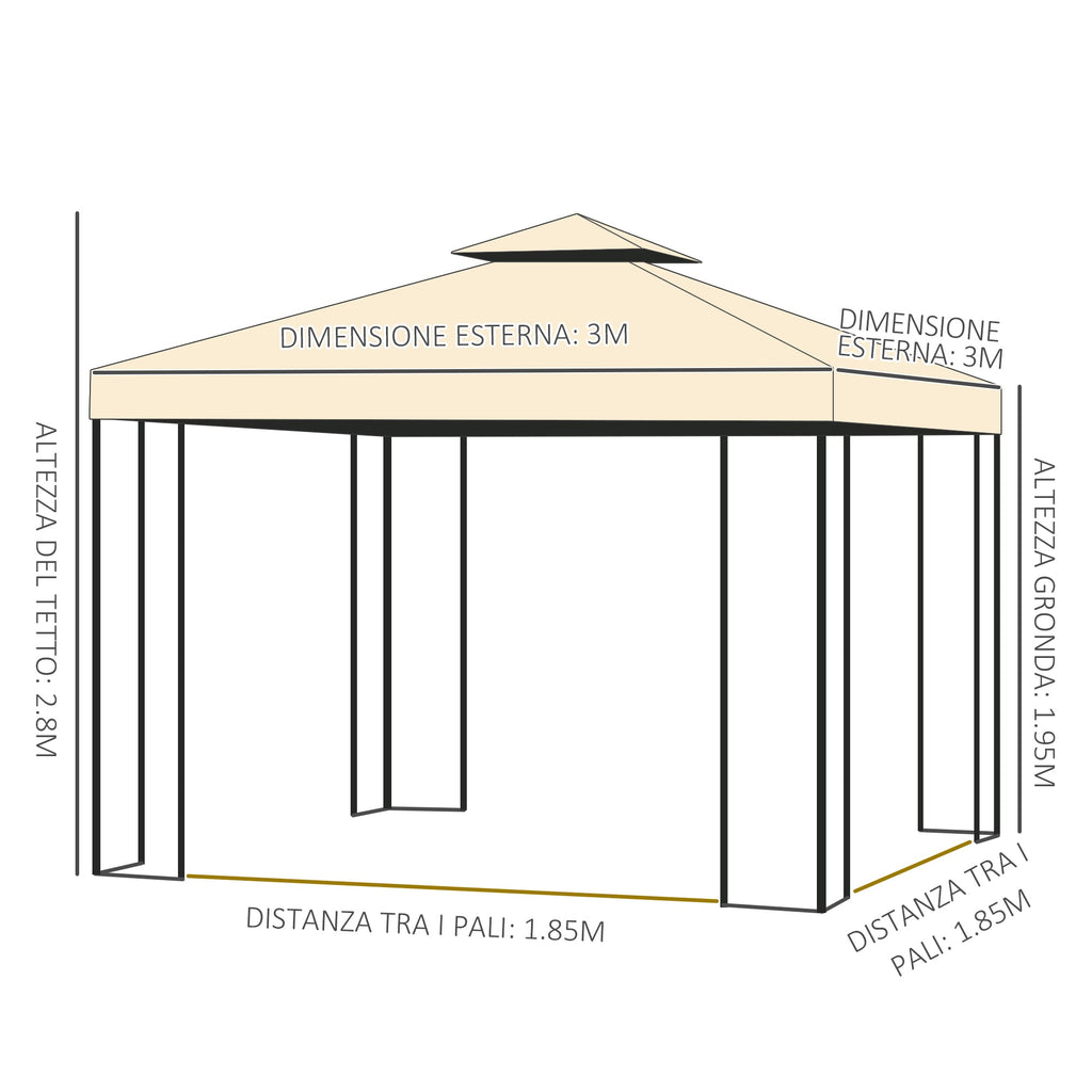 Garden Gazebo 3x3m with Mosquito Net, Steel Frame and Double Roof, Beige - Borge' Group Limited