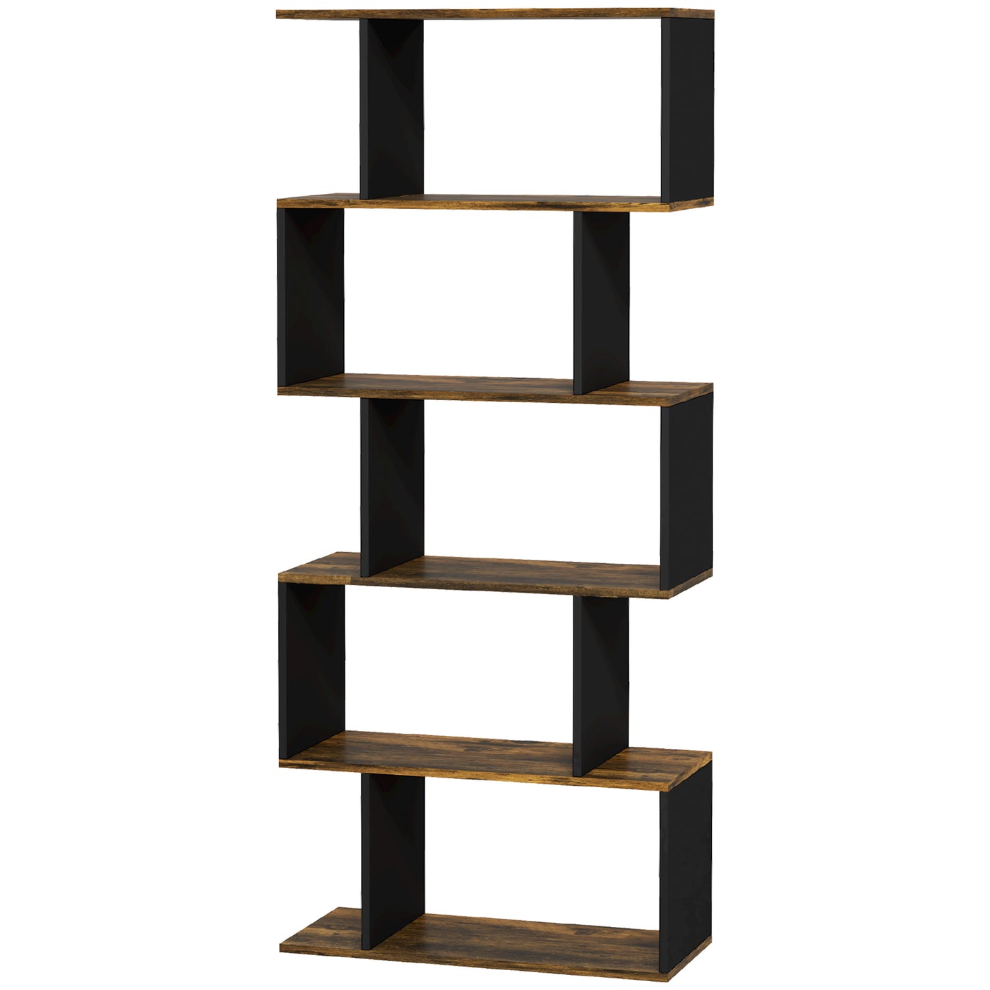 Homonda Modern Asymmetrical Wall Library with 5 Wooden shelves, 70x29.5x163cm, Rustic brown - Borgè