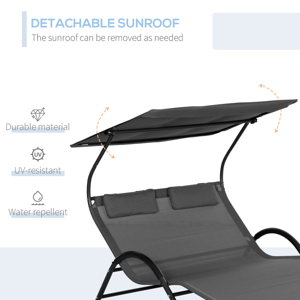 Ultimate Comfort: Deluxe 2-Seater Sun Lounger with Wheels, Padded Headrest, and Roof in Stylish Gray (200x137x138 cm) - Borge' Group Limited