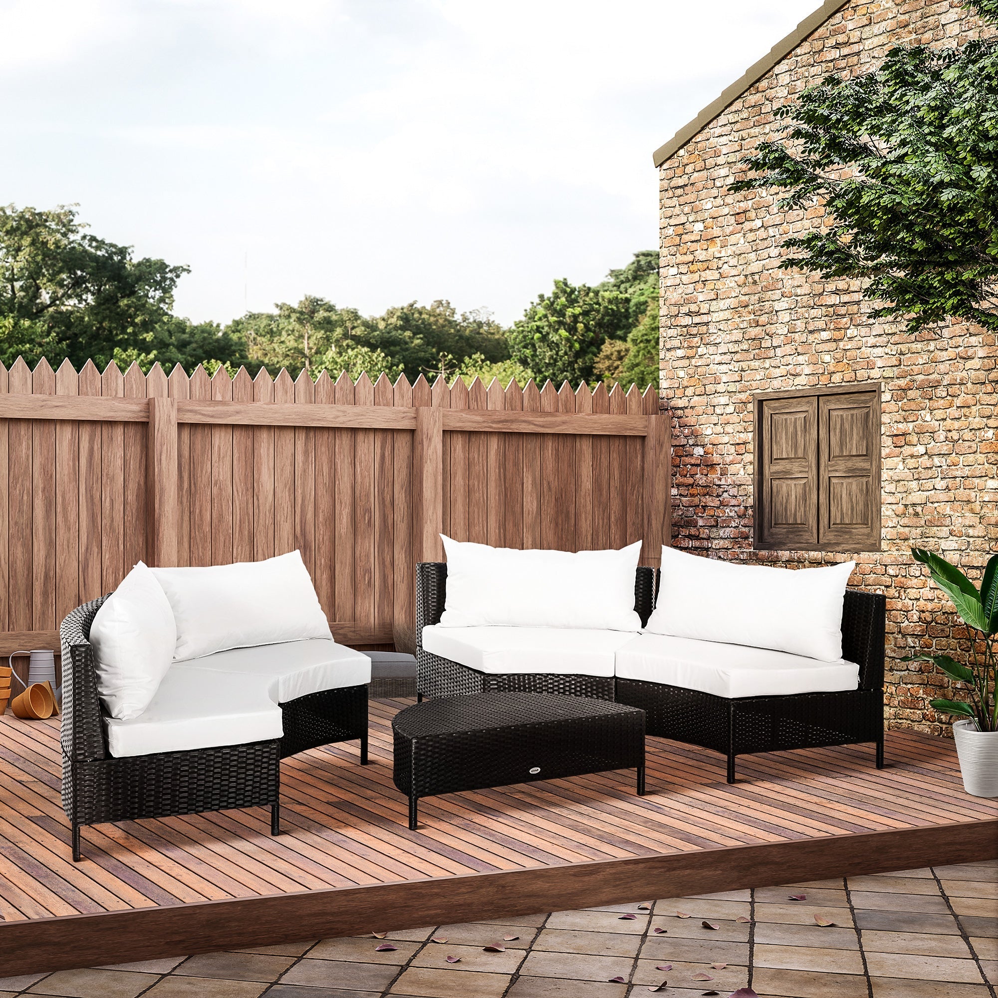 5-Piece Rattan Outdoor Sofa Set with Ottoman, Black and White Garden Lounge Set, 96cm x 68cm x 65cm - Borge' Group Limited