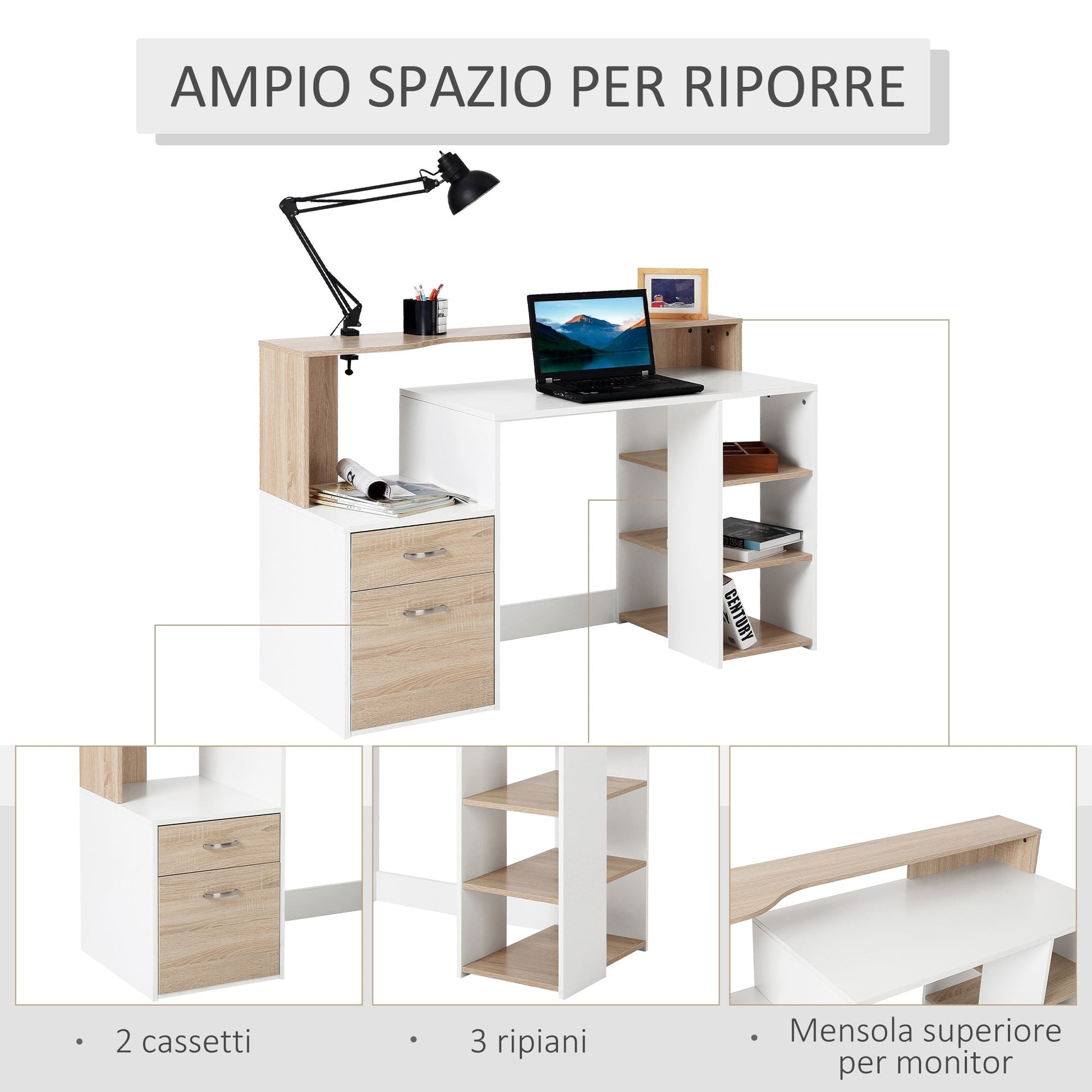 Modern computer desk with MDF wood shelves, 137x55x92cm - Borgè