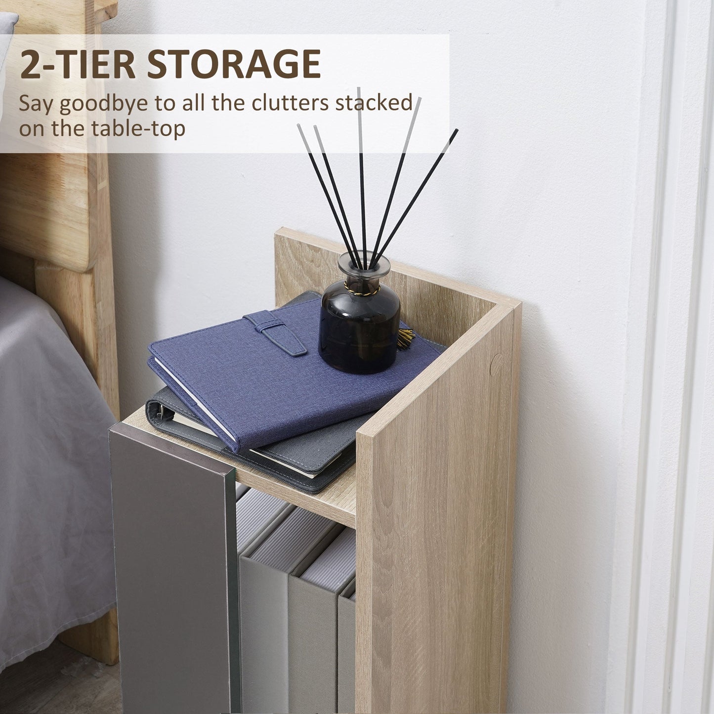 Modern Grey bedside table with open shelf, 2 pieces in chipboard for bedroom and living room, 27x25x60cm - Borgè