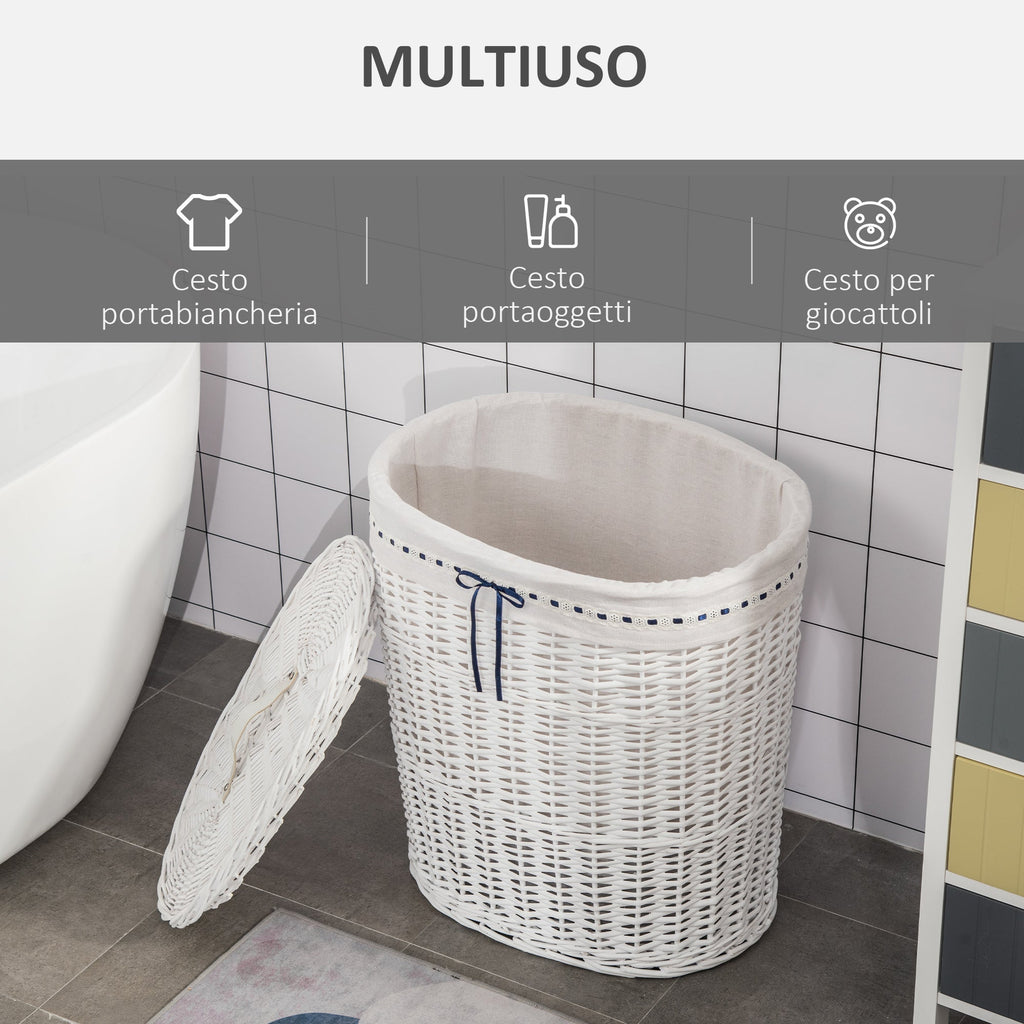 Cesto Boarder holder in wicker with lid and internal sack in washable fabric, white - Borgè