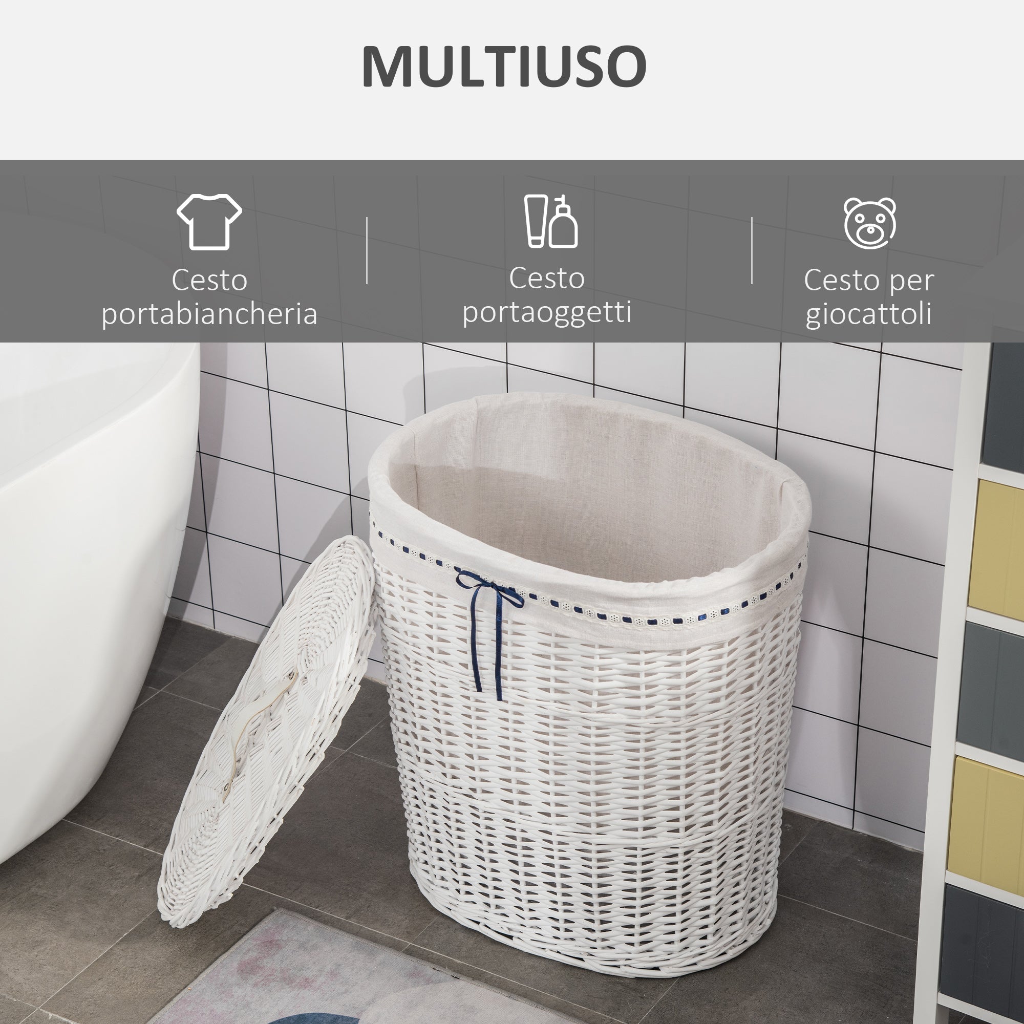 Cesto Boarder holder in wicker with lid and internal sack in washable fabric, white - Borgè