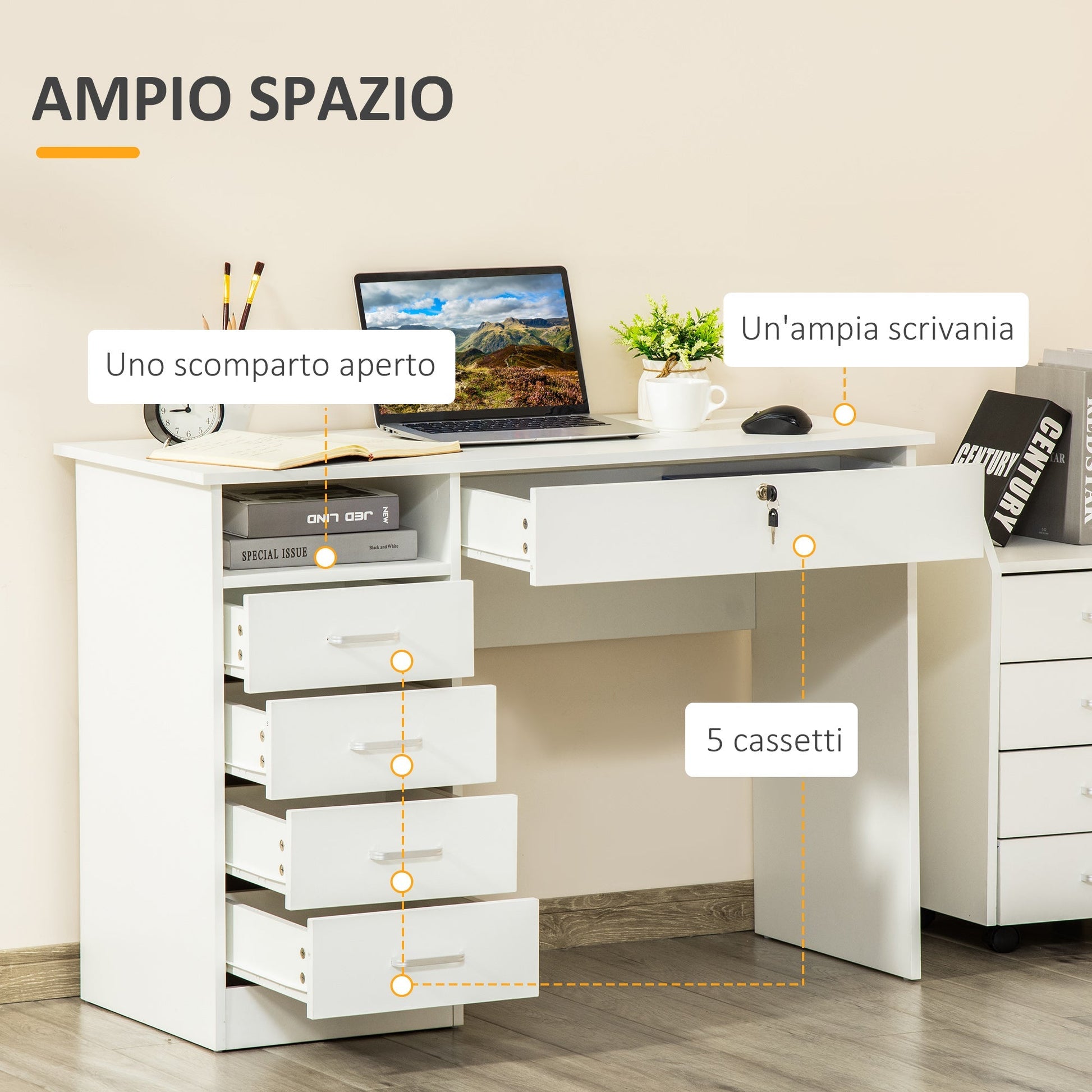 desk for room or wooden office with 2 drawers and 2 keys, 110x50x76cm - white - Borgè