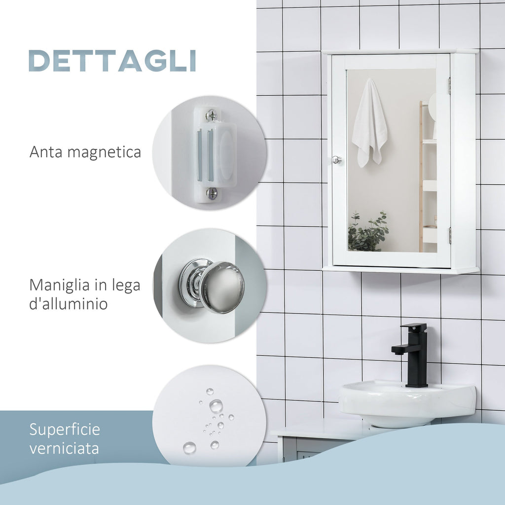 Kleankin Bathroom cabinet wall unit with mirror and magnetic closing door, 41x14x60cm - white - Borgè