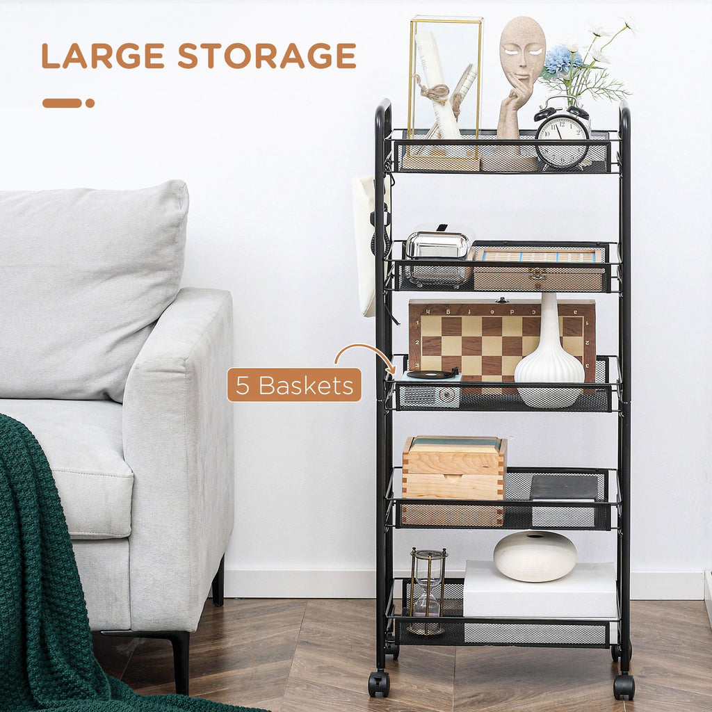 Black 5 level Kitchen Trolley with mesh baskets | 45x26.5x106cm - Borgè
