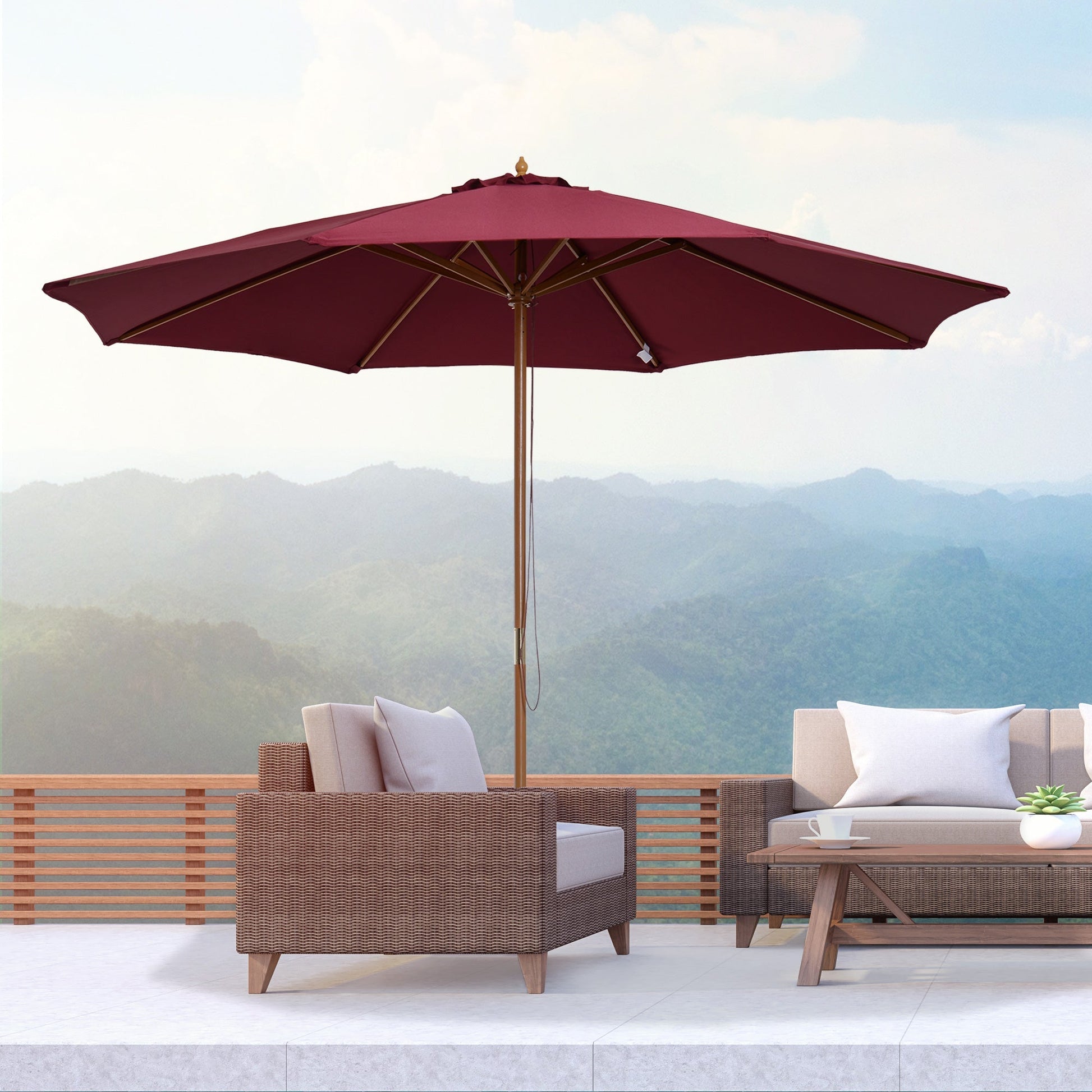 Outsunny umbrella garden parasol with double bamboo roof and polyester, red φ3x2.5m - Borgè