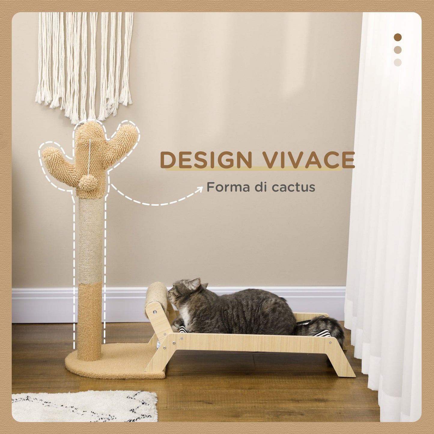 Cat Tree with Scratch Pole for cats in the shape of cactus design 2 in 1 for interiors, 88.5x31.5x76.5 cm - Borgè