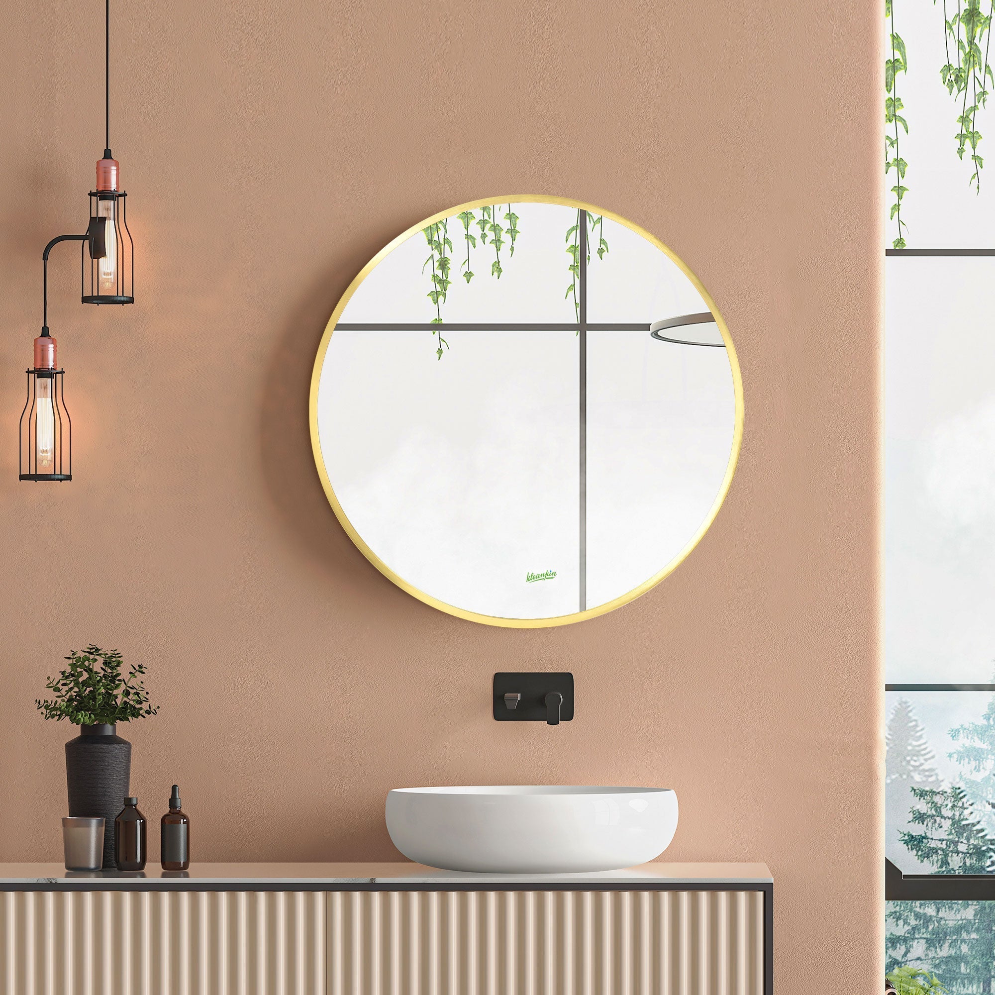Kleankin Round Bathroom Mirror with Aluminum League wall frame, Ã˜50x2cm, gold - Borgè