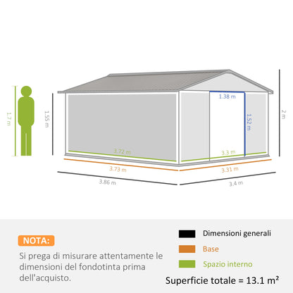 Outsunny garden house with sliding doors and inclined roof, in steel and pp, 340x386x200 cm, gray - Borgè