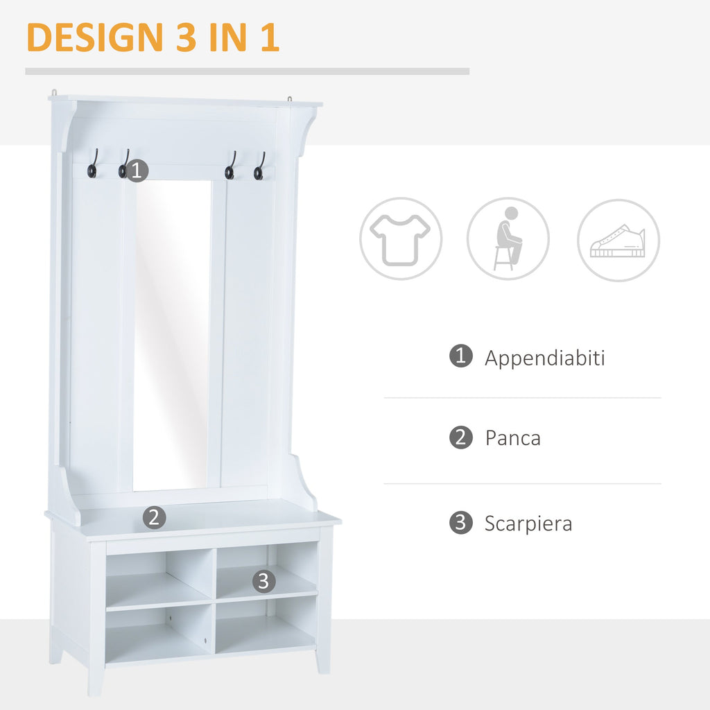 BELLINI | White Entrance Hall Wall Unit with Hangers and Shoe Rack | 80x40x170cm - Borgè