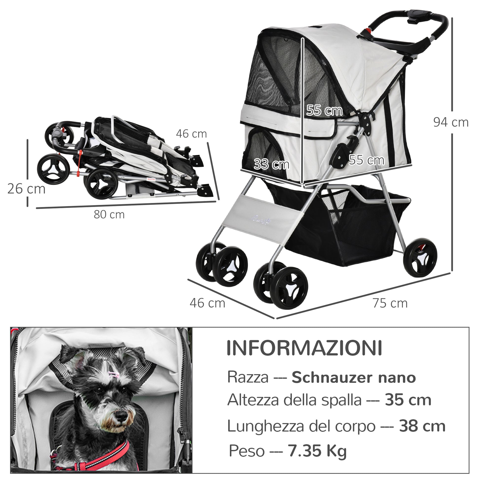 PAWHUT Folding dog stroller with 3 goals and zipper, iron and oxford fabric, 75x46x94 cm, gray - Borgè