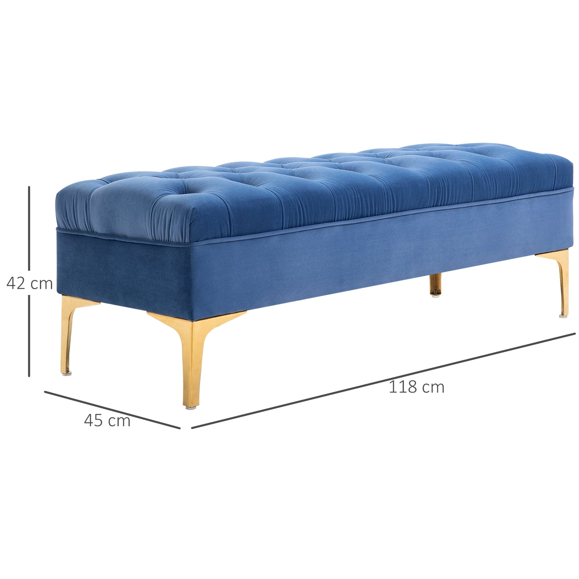 Bench Padda Fondaleto in velvety fabric, bench for bedroom and entrance with quilt decoration, metal feet, blue - Borgè