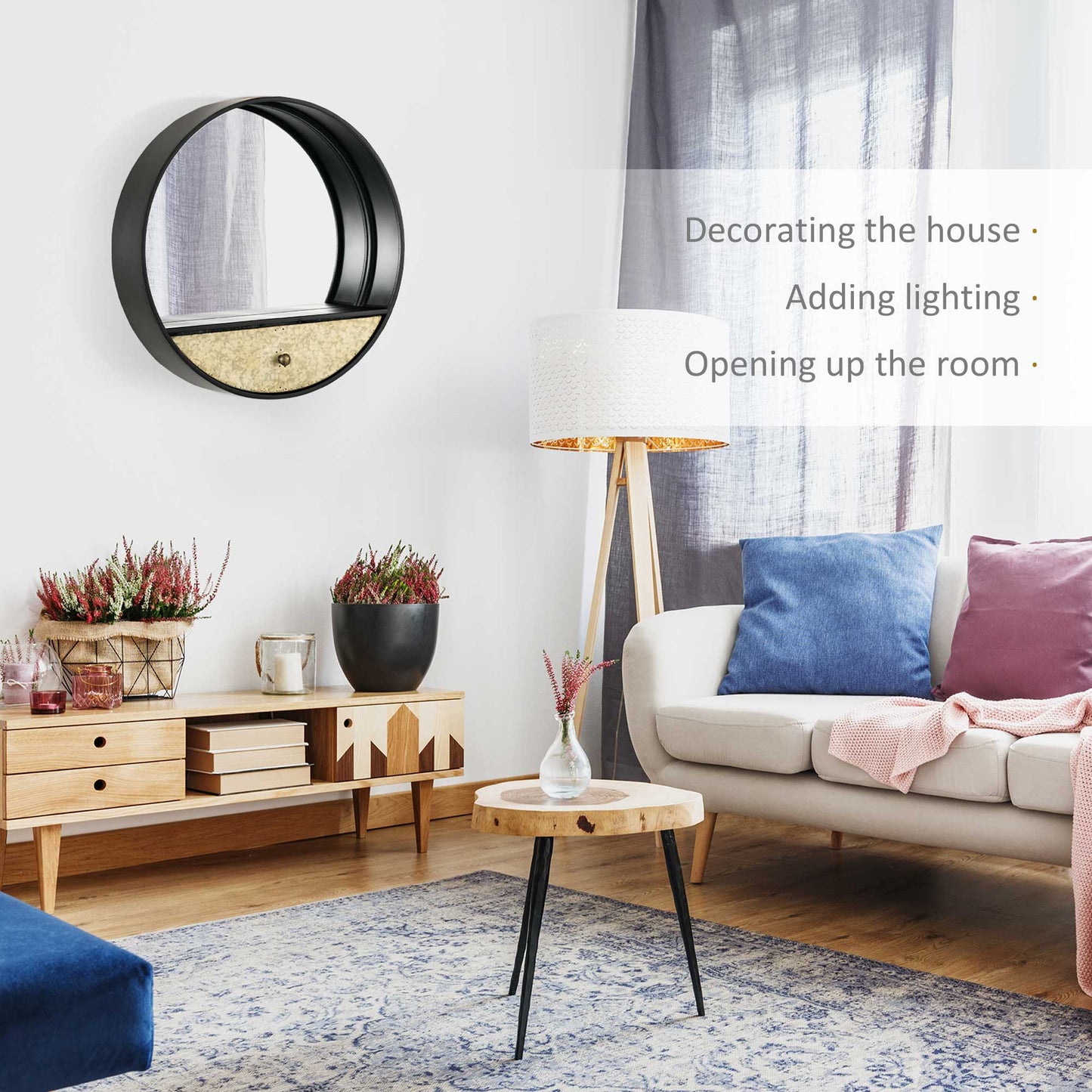 round wall mirror Ø61cm with drawer and black metal frame