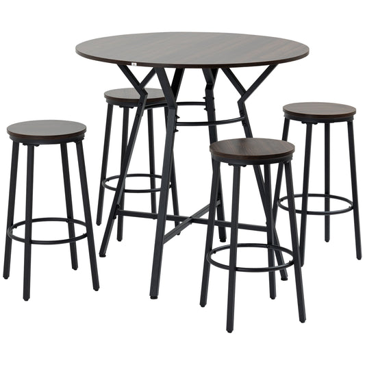 Set dining with table and 4 industrial style stools, wood and steel, walnut color - Borgè