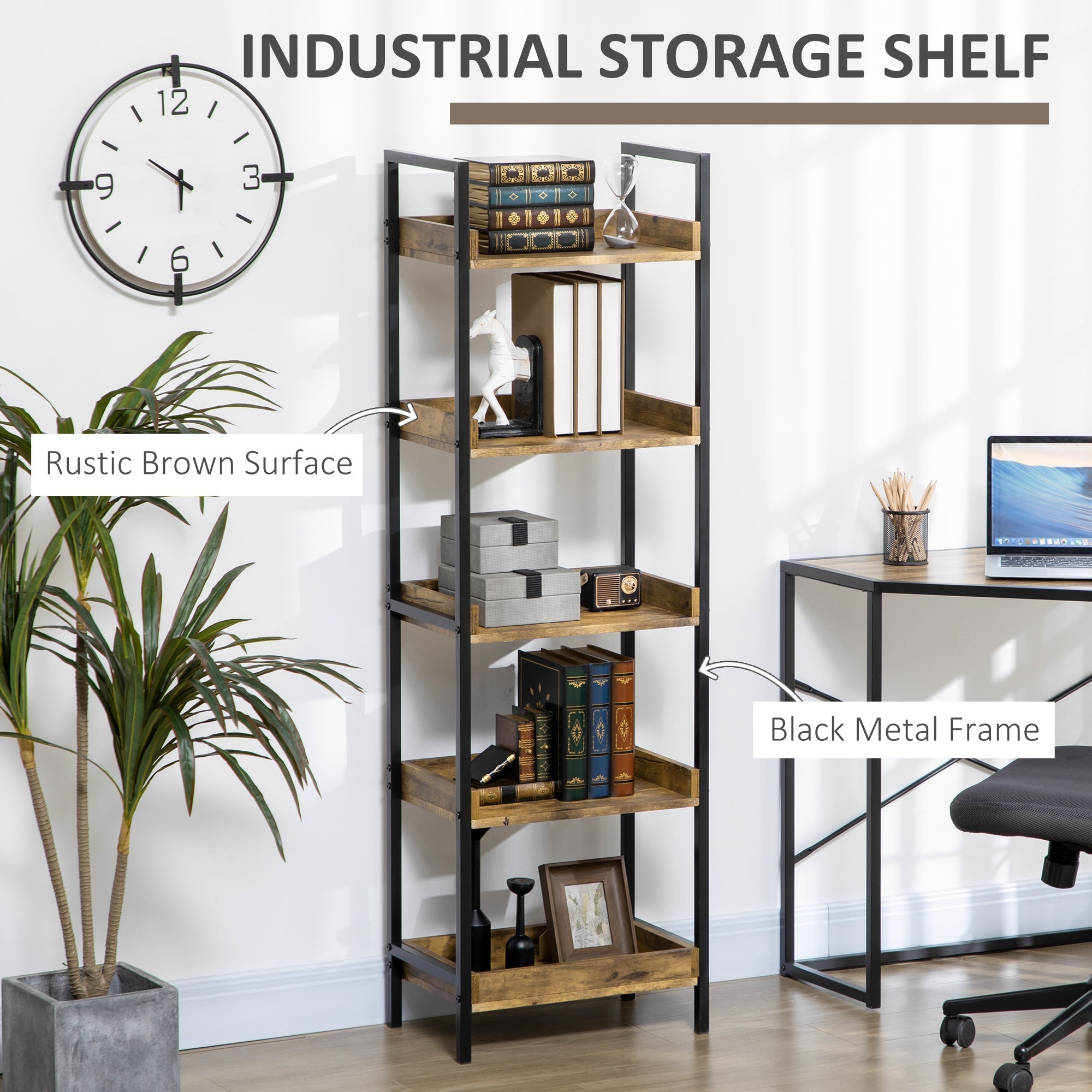 Homond industrial style bookcase with 5 wooden and metal shelves, 48x30x155cm, rustic brown - Borgè