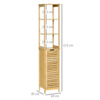 Kleankin Bathroom Cabinet with 3 shelves and 1 sideboard, slatted design, mdf and bamboo, 34x30x173cm - Borgè