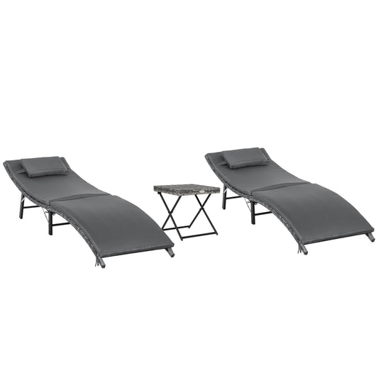 Outsunny sunbathy beds with removable cushions and folding tables, 3 pcs in rattan, Grey - Borgè