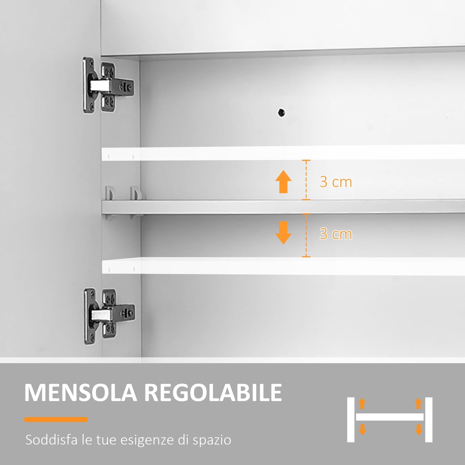 cabinet with wall mirror, led lights, open shelf and internal shelf, 80x15x60cm - Borgè