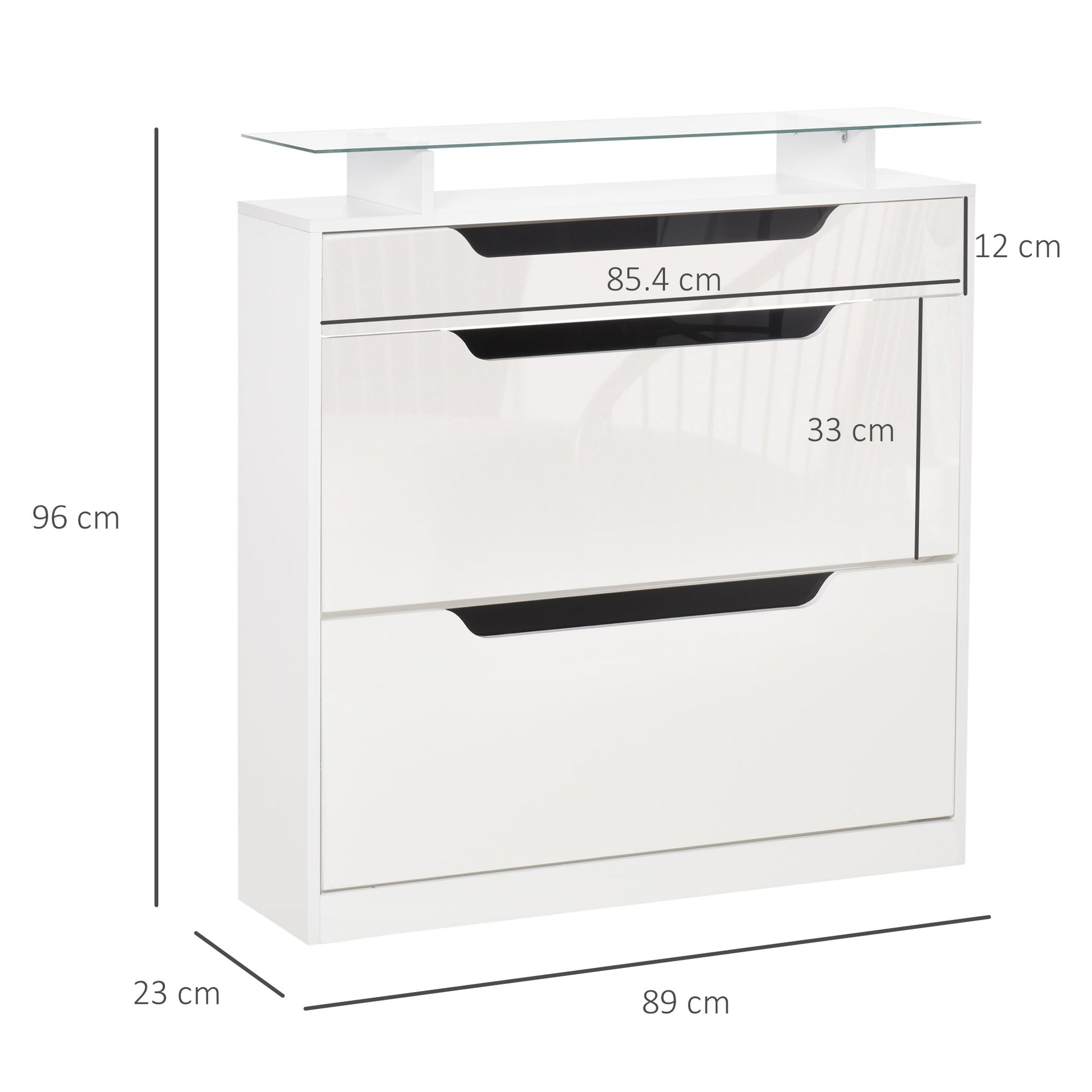 Modern Scarpper, 2 drawers for 16 shoes with adjustable shelf and glass shelf, 89x23x96cm, shiny white - Borgè