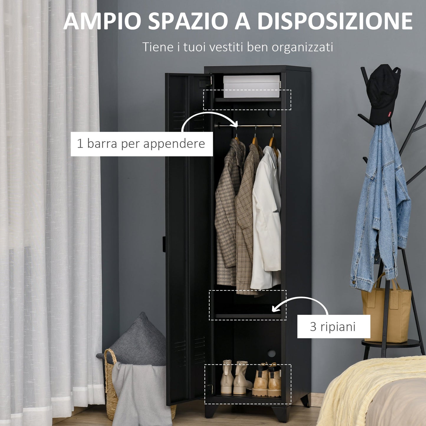 Metallic Industrial Style Cardinal to one door, multipurpose cabinet for entrance and bedroom - black - Borgè