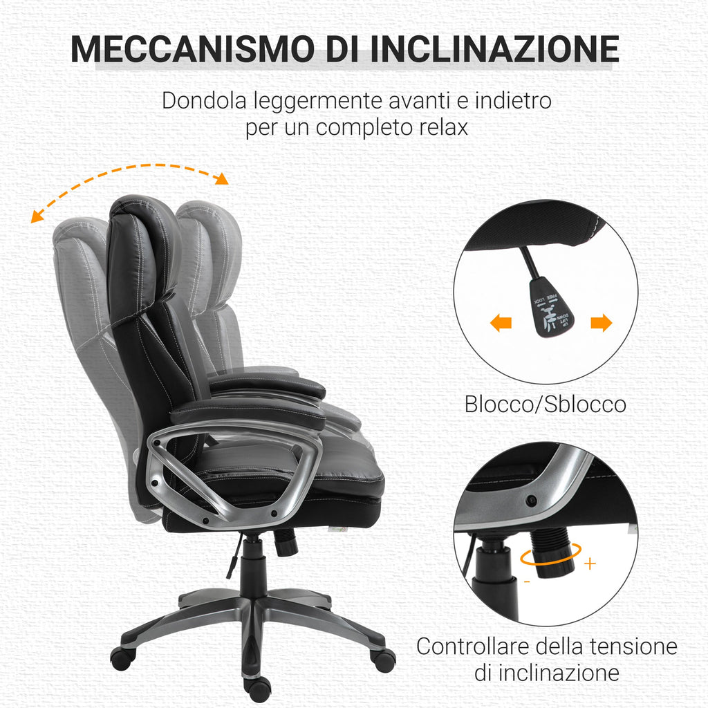Ergonomic office armchair with headrest, adjustable height and swing, swivel chair with wheels, 68x76x117-125cm, black - Borgè