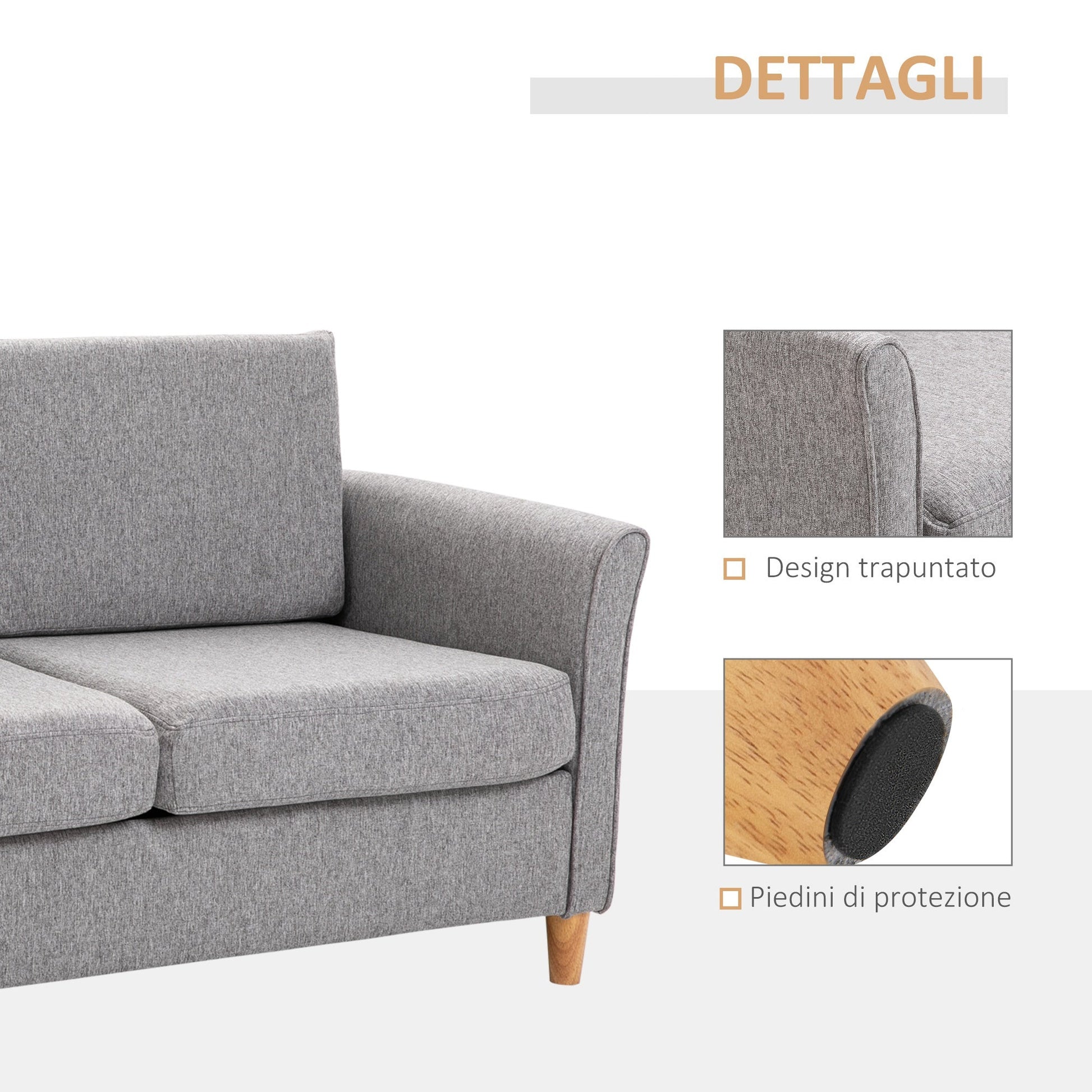 Sofa two seats Modern and compact line in Grey and wood linen (70cmx141cmx78cm) - Borgè