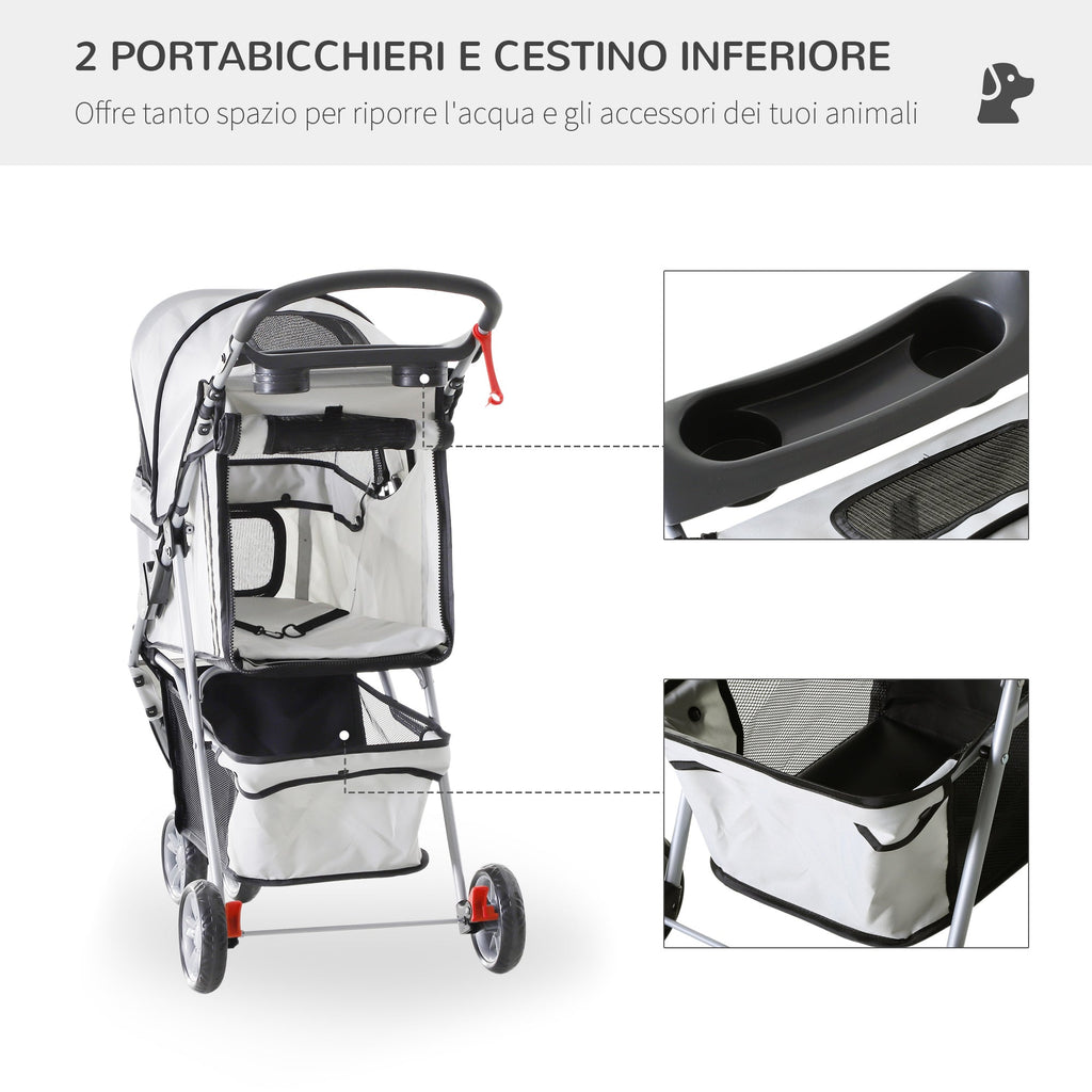 Folding Dog Stroller with Cup Holder and Basket, Steel and Polyester, 75x45x97 cm, Grey - Borge' Group Limited
