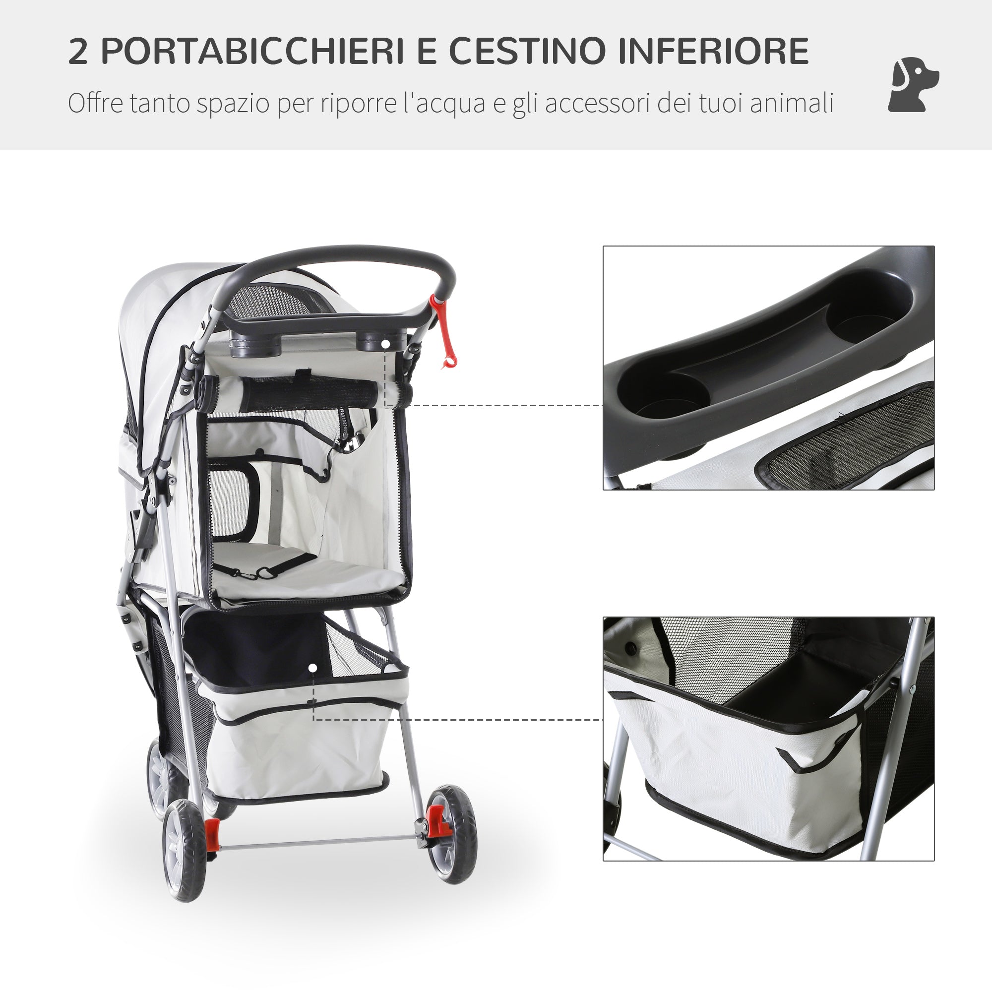 Folding Dog Stroller with Cup Holder and Basket, Steel and Polyester, 75x45x97 cm, Grey - Borge' Group Limited