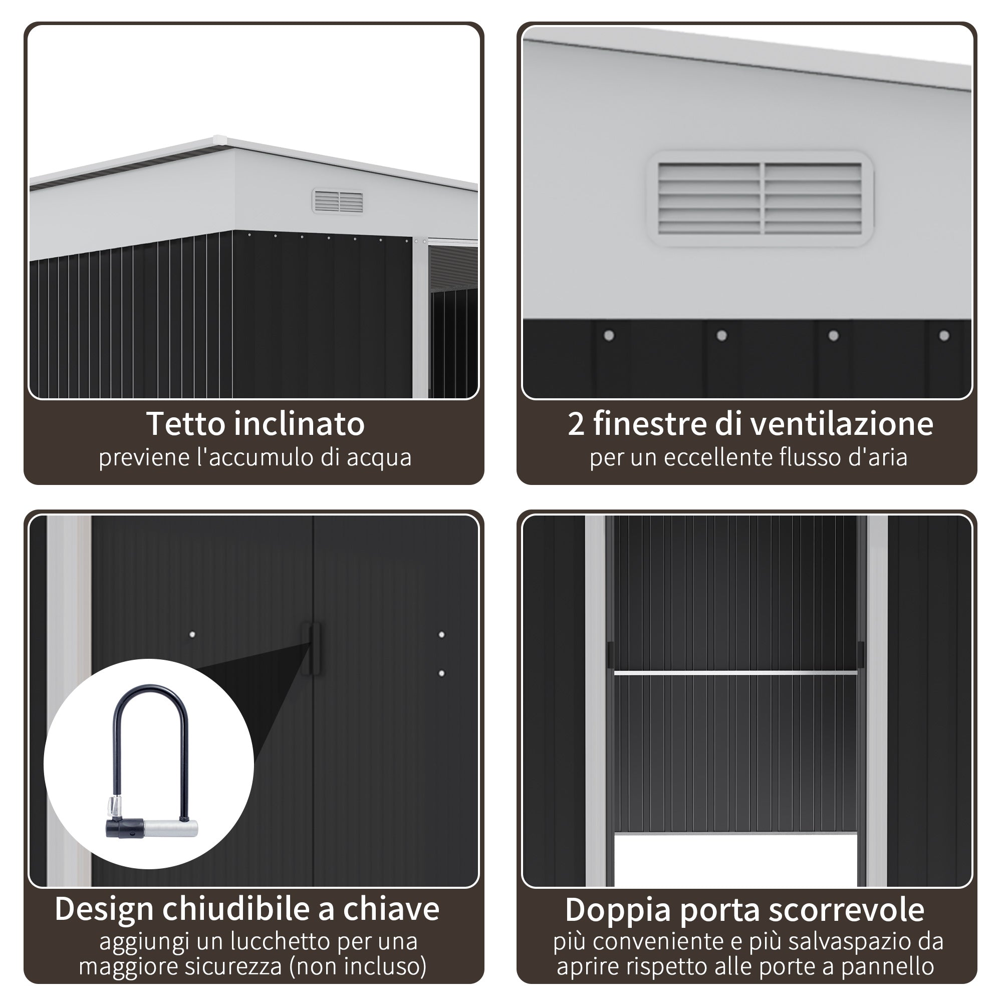 Garden Storage Shed with Sliding Door, Steel, 345x280.5x169-201cm, Black - Borge' Group Limited