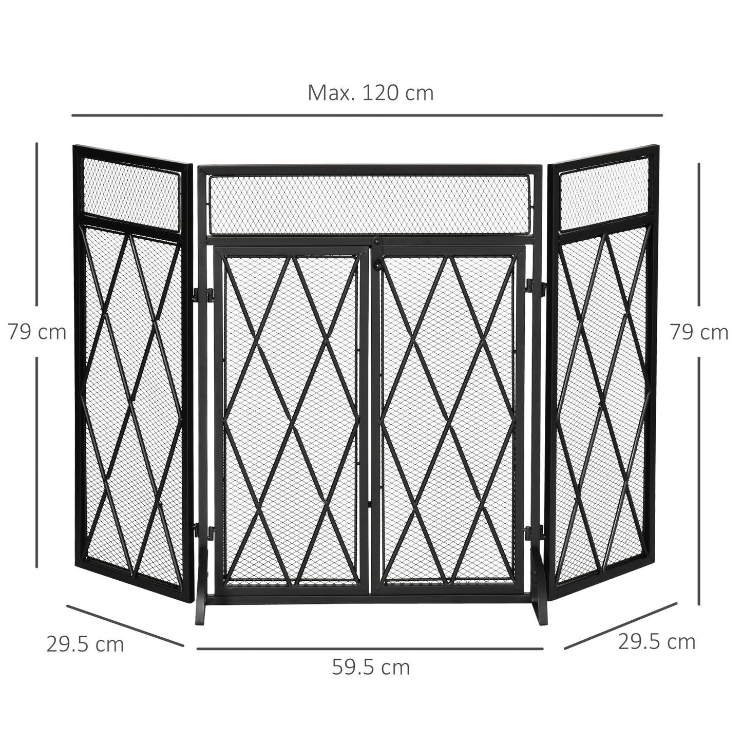 Metal Fireplace Fireplace Parascints with 3 Folding Panels and 2 Doors, 120x11.5x79cm - Black