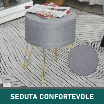 pouf container 2 in 1 with stool and table function, in wood and Grey fabric, metal with gold finish, 36x36x45cm - Borgè