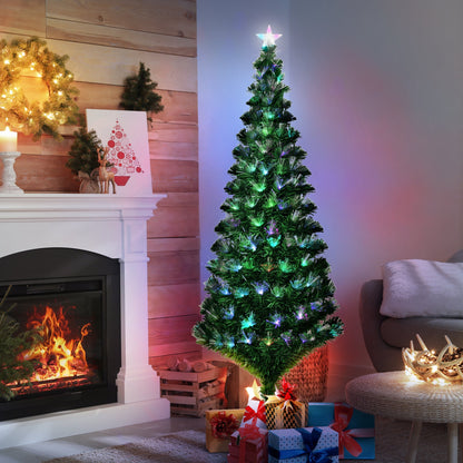 Christmas Tree with 230 LED Lights and Colourful Fiber Optic Lights, 180cm,  230 Fireproof PVC Branches and Metal Base