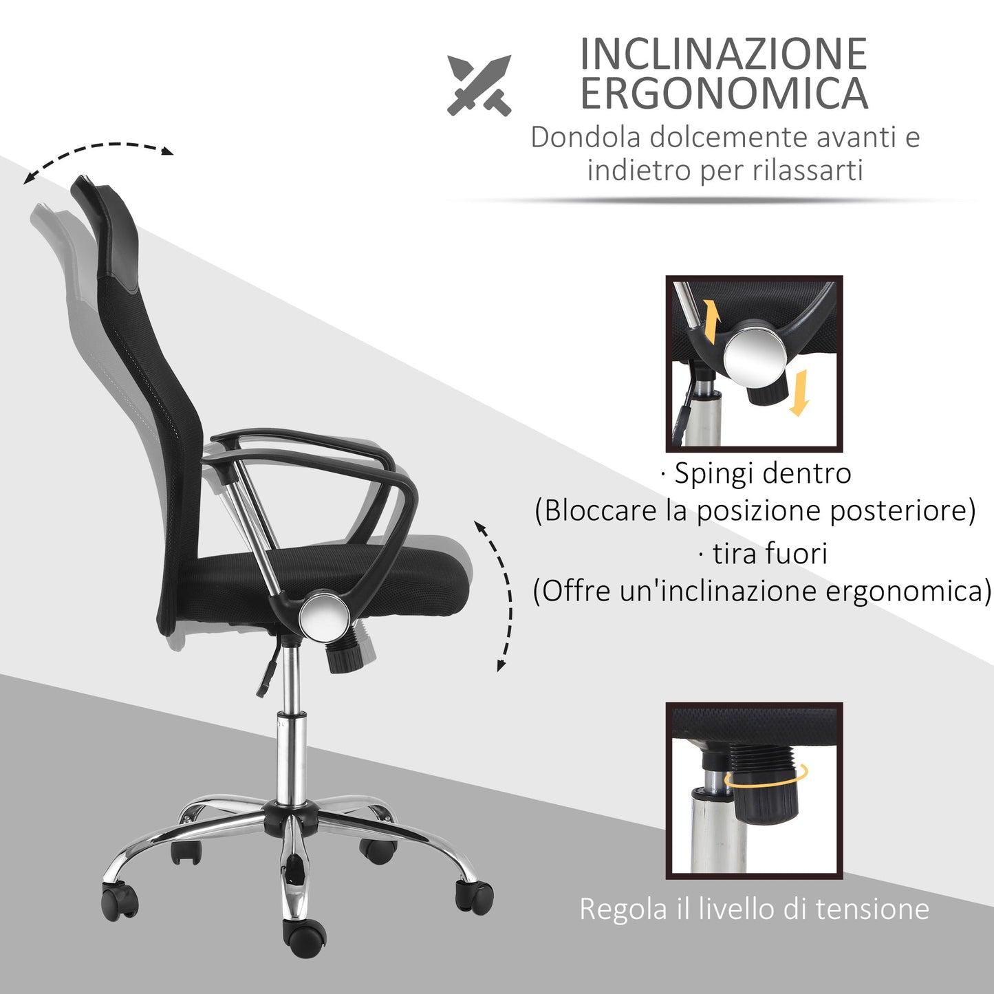 Homcom Ergonomic Highvilly Office Chair and Cork with wheels, adjustable height and mesh back, 63x65x109-119cm Black - Borgè