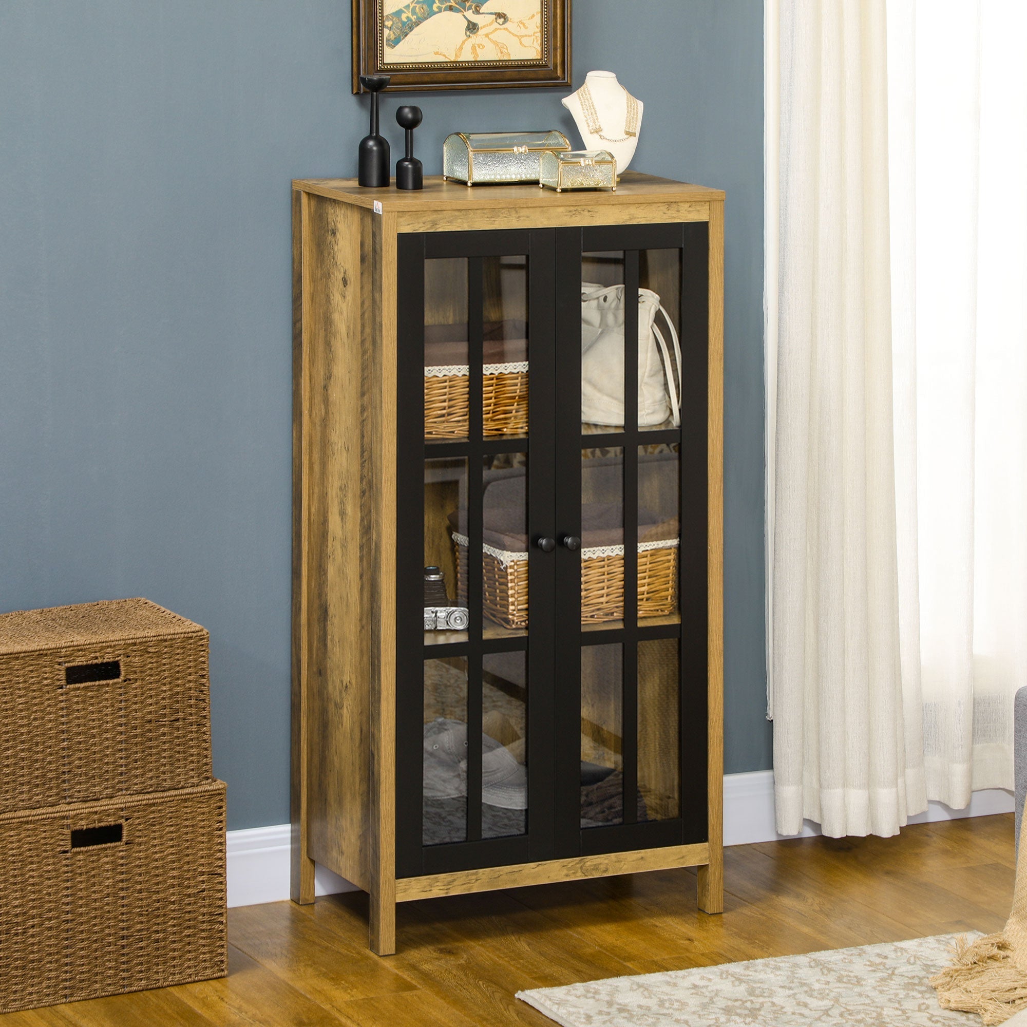 Modern Credenza to 2 Glass and Wood Doors, 60x35x120cm, brown - Borgè