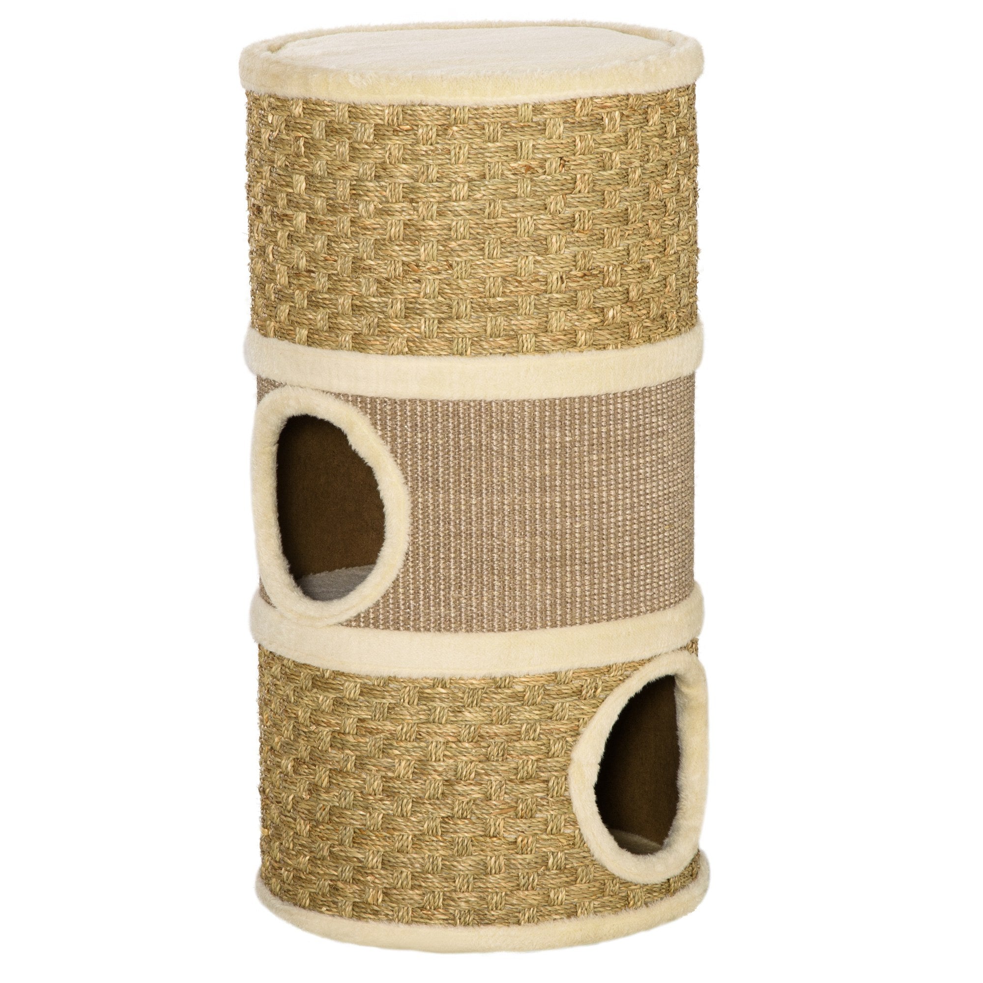 Cat House Cat Scratching Post Tower with 3 Niches, Sisal Rope and Seaweed, Plush Edge, Khaki and Brown - Borge' Group Limited