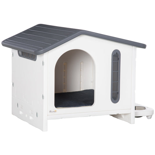 PAWHUT Fooded Dog House with tray for 2 bowls, windows and rubber -tap, 70x64x56cm, Grey and white cushion - Borgè