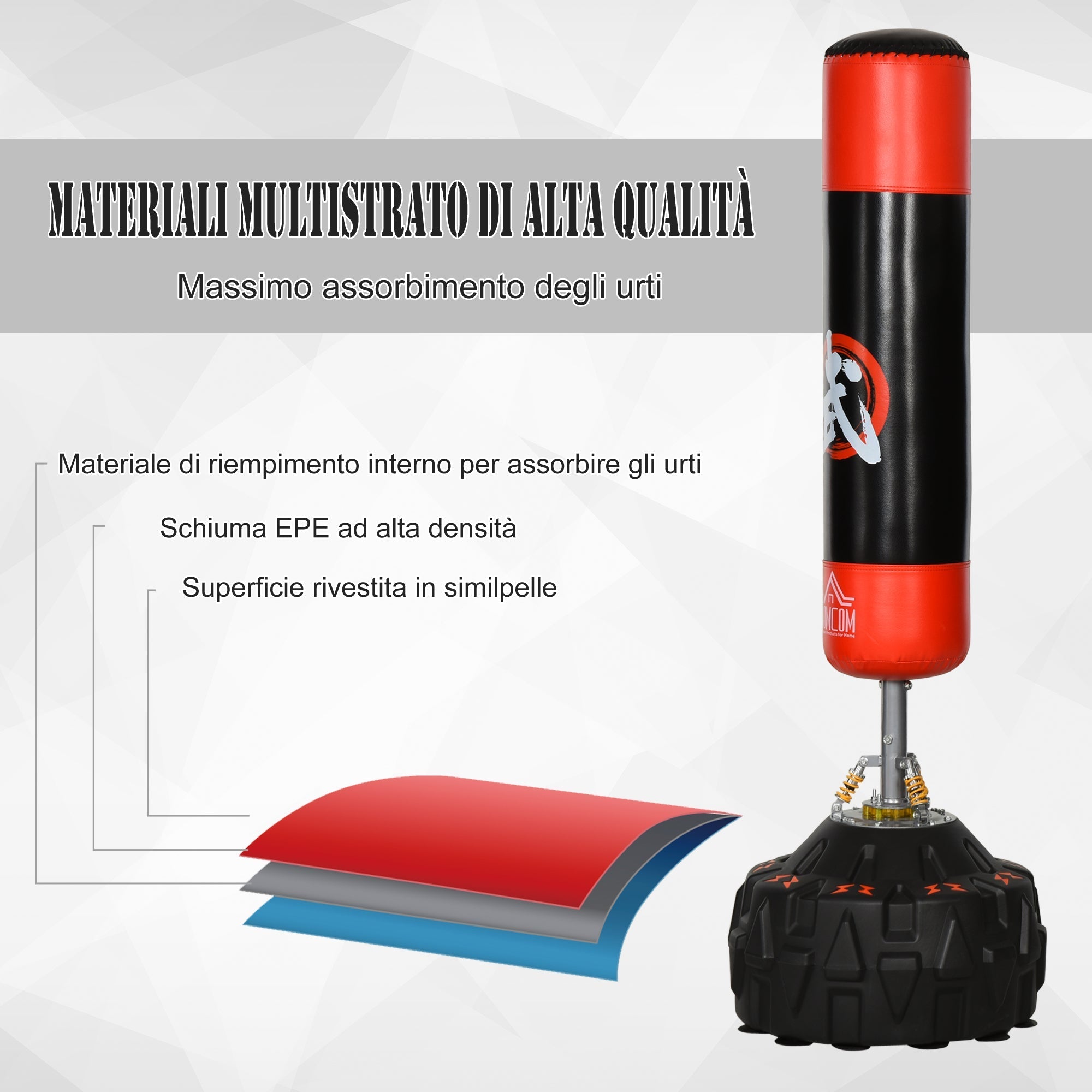 Boxing bag from the ground with support for professional training at home or in the gym, black and red, φ60 x 180 cm - Borge' Group Limited